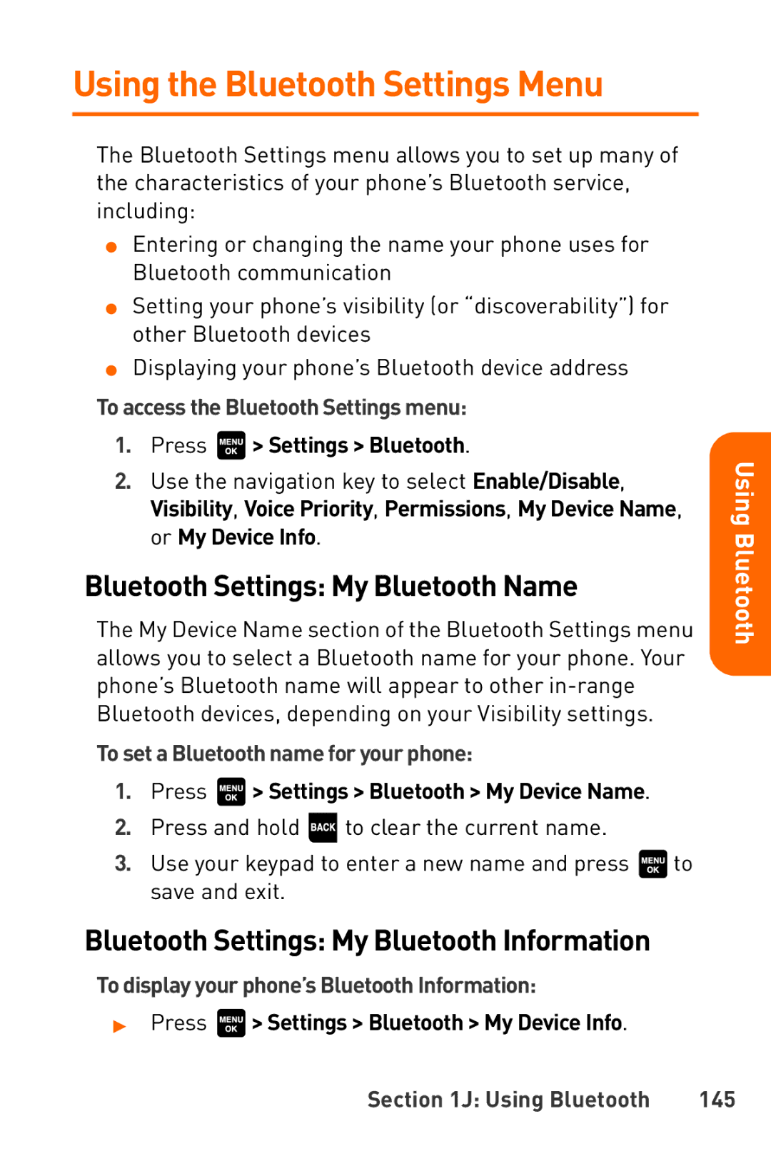 Sanyo Katana manual Using the Bluetooth Settings Menu, Bluetooth Settings My Bluetooth Name 