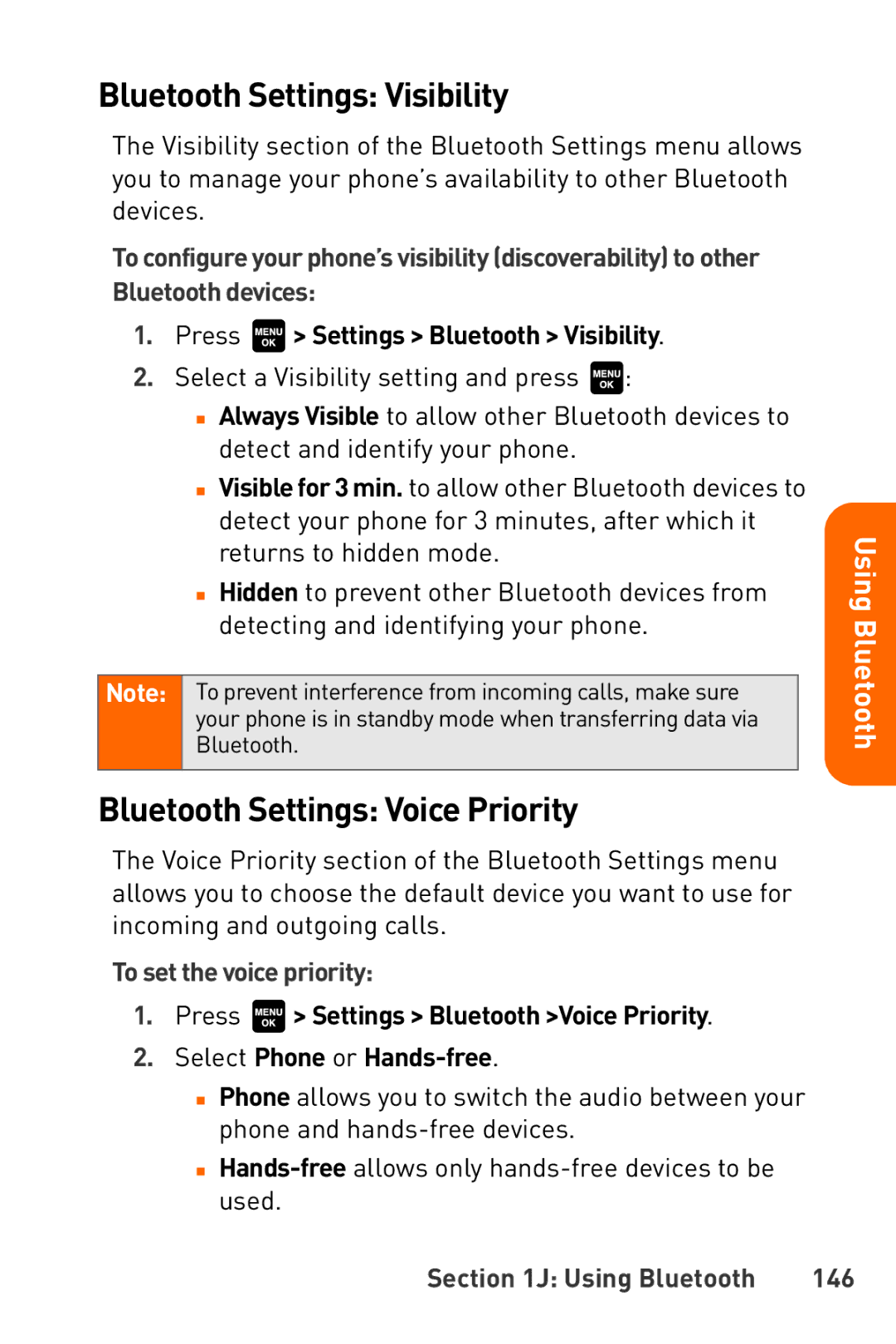 Sanyo Katana manual Bluetooth Settings Visibility, Bluetooth Settings Voice Priority, Press Settings Bluetooth Visibility 