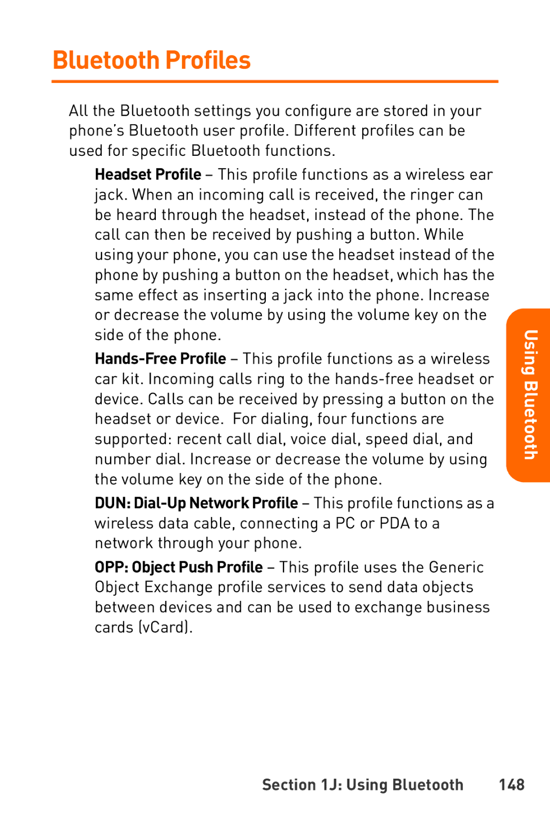 Sanyo Katana manual Bluetooth Profiles, Using Bluetooth 148 