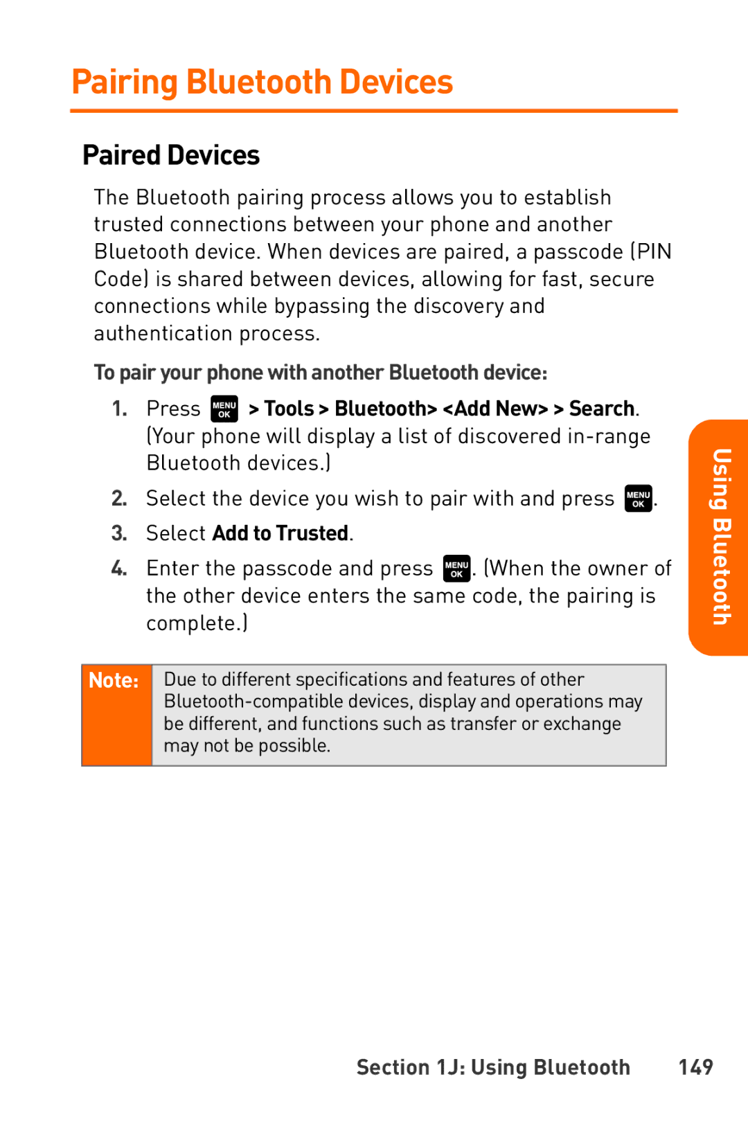 Sanyo Katana manual Pairing Bluetooth Devices, Paired Devices, To pair your phone with another Bluetooth device 