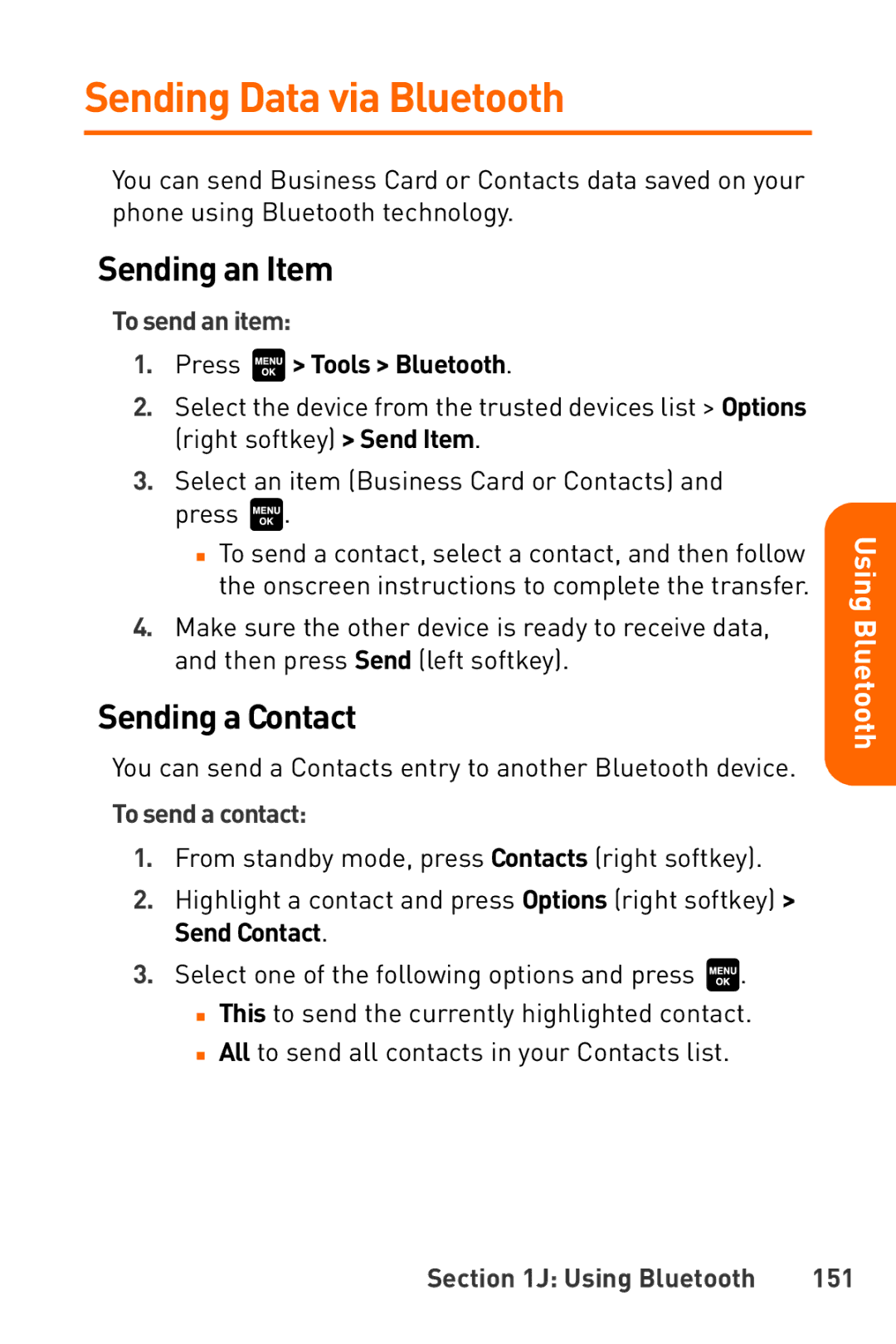 Sanyo Katana manual Sending Data via Bluetooth, Sending an Item, Sending a Contact 