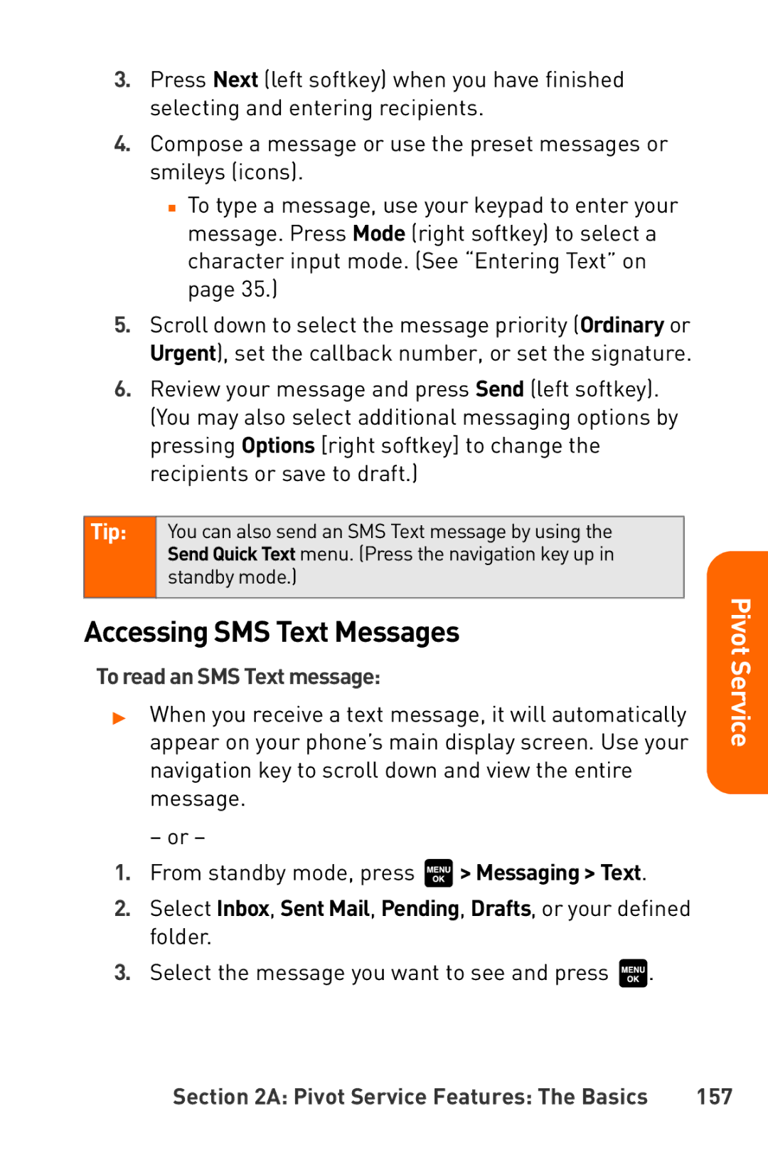 Sanyo Katana manual Accessing SMS Text Messages, To read an SMS Text message, 157 