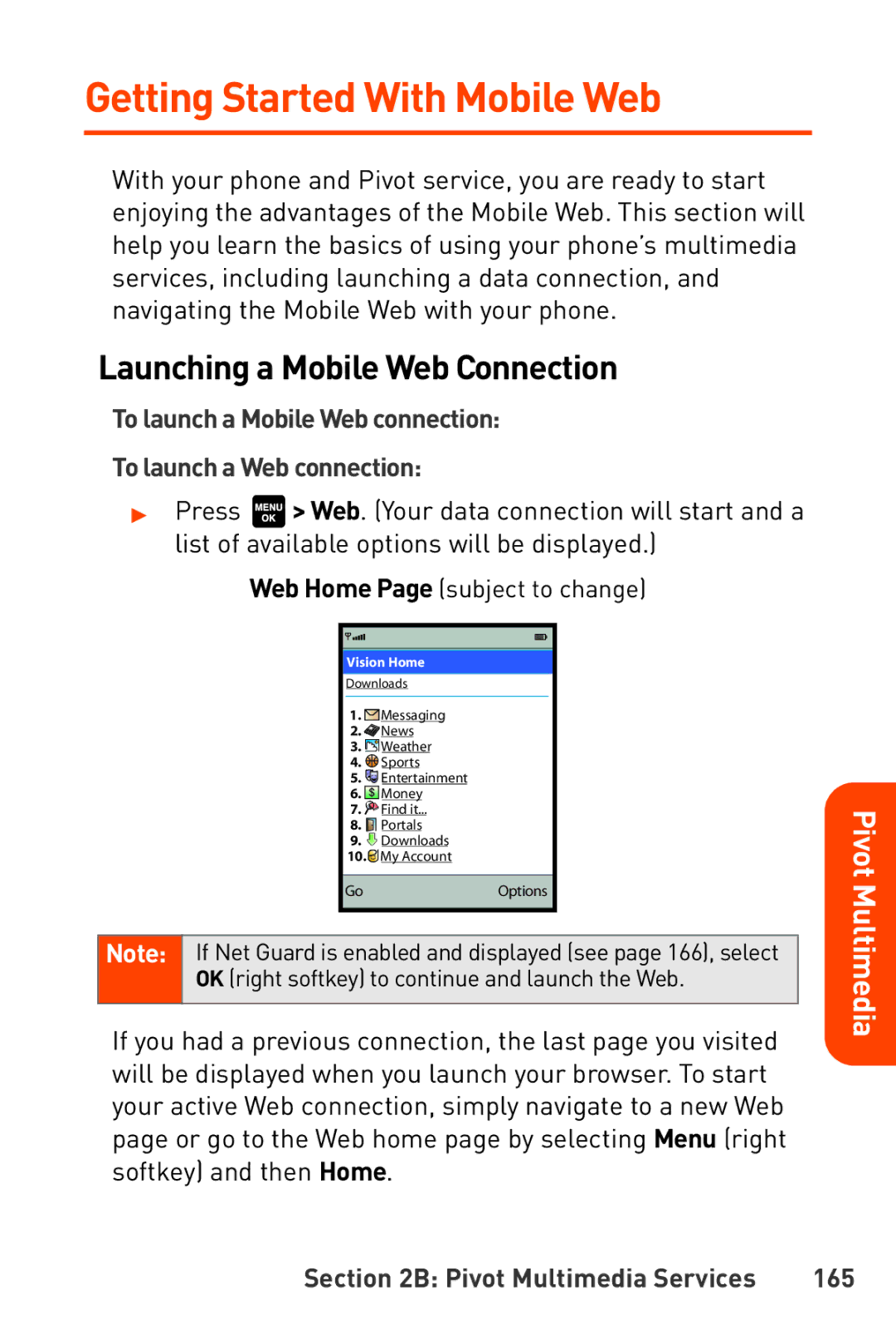 Sanyo Katana manual Getting Started With Mobile Web, Launching a Mobile Web Connection, Pivot Multimedia Services 165 