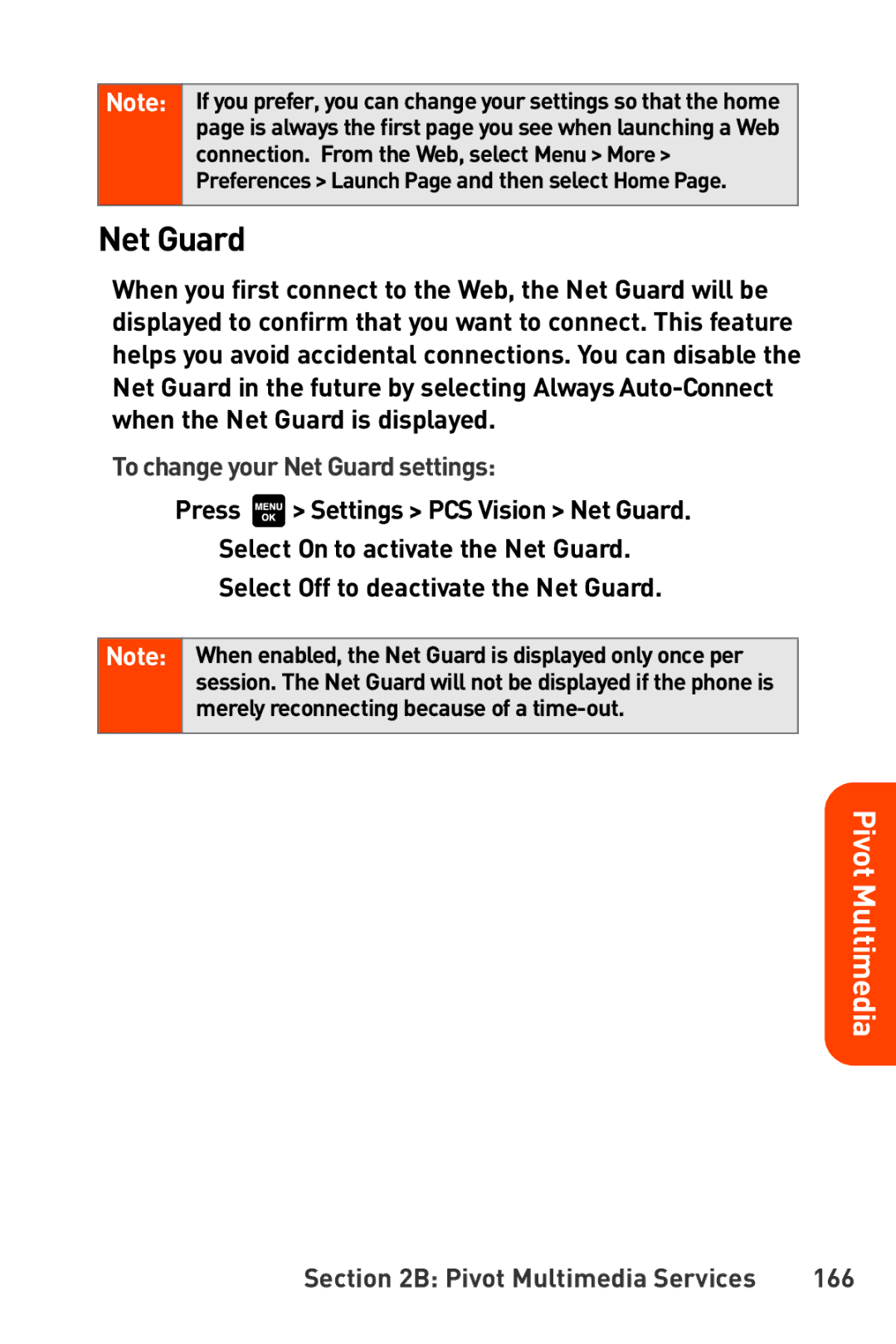 Sanyo Katana To change your Net Guard settings, Press Settings PCS Vision Net Guard, Pivot Multimedia Services 166 