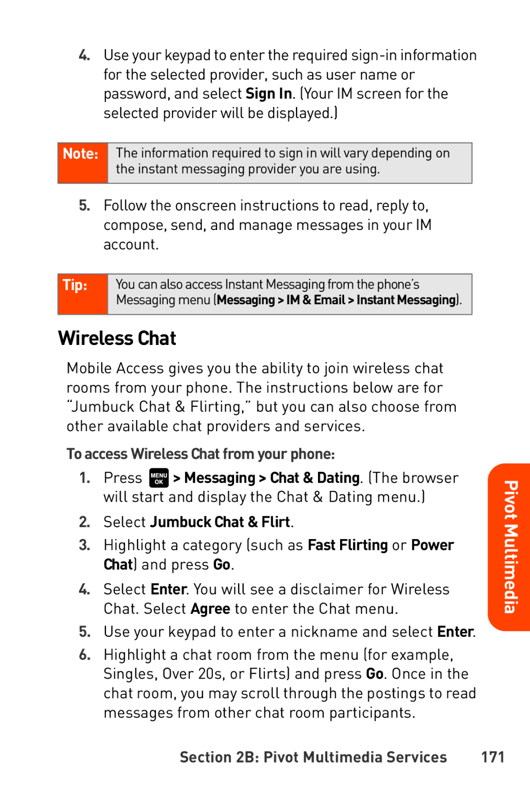 Sanyo Katana manual To access Wireless Chat from your phone, Select Jumbuck Chat & Flirt, Pivot Multimedia Services 171 