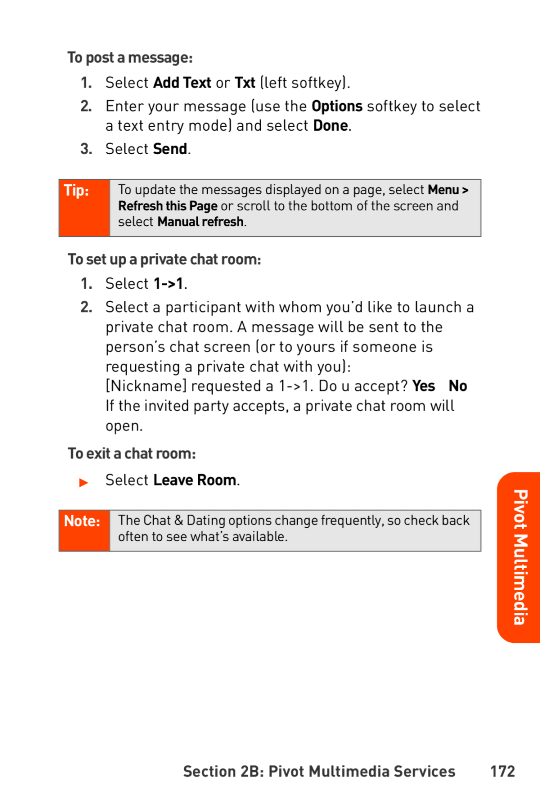 Sanyo Katana manual To post a message, To set up a private chat room, To exit a chat room, Select Leave Room 