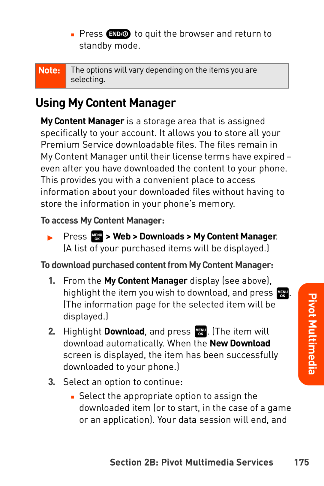 Sanyo Katana manual Using My Content Manager, To access My Content Manager, Pivot Multimedia Services 175 