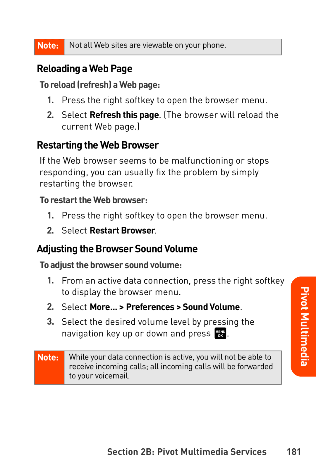 Sanyo Katana manual Reloading a Web, Restarting the Web Browser, Adjusting the Browser Sound Volume 