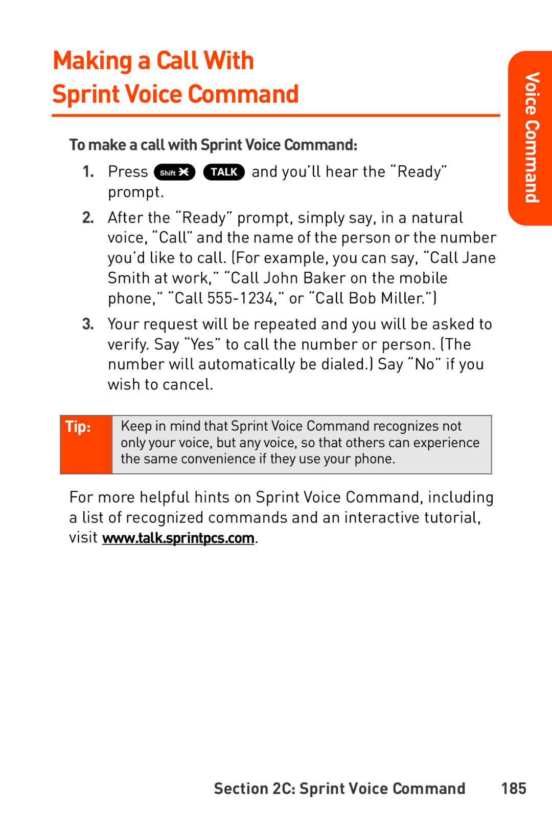 Sanyo Katana manual Making a Call With Sprint Voice Command, To make a call with Sprint Voice Command, 185 