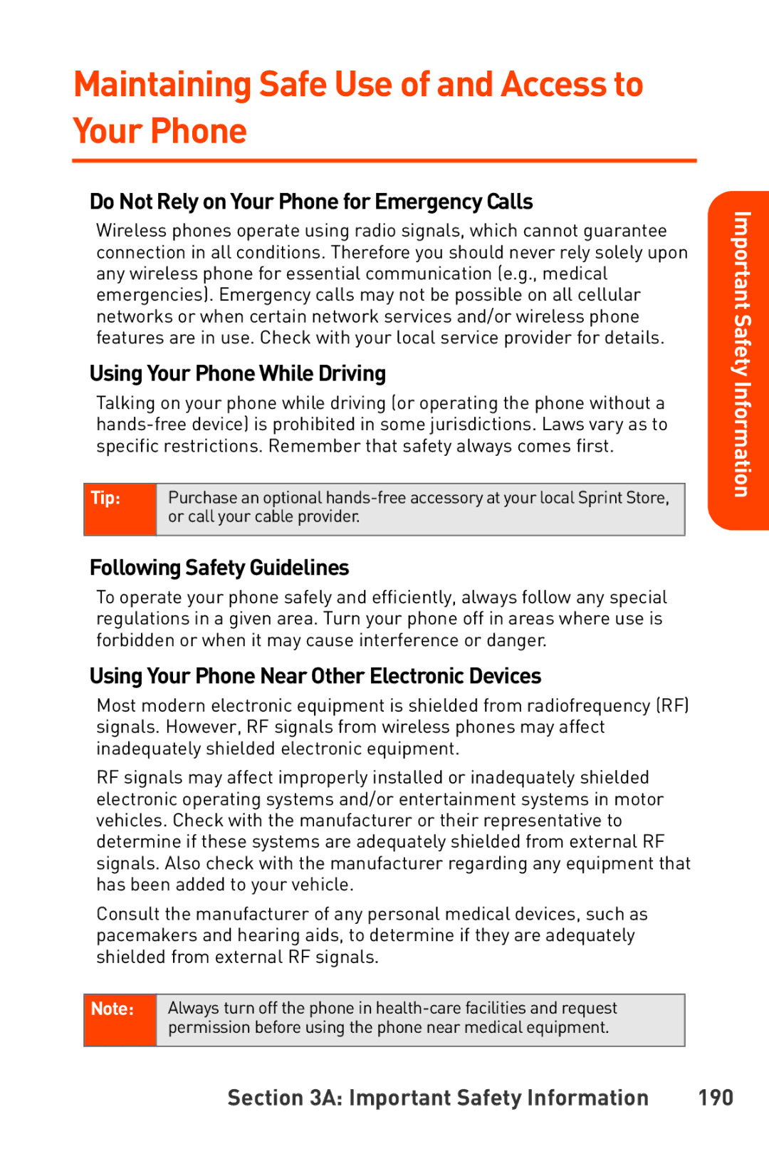 Sanyo Katana manual Maintaining Safe Use of and Access to Your Phone, Important Safety Information 190 