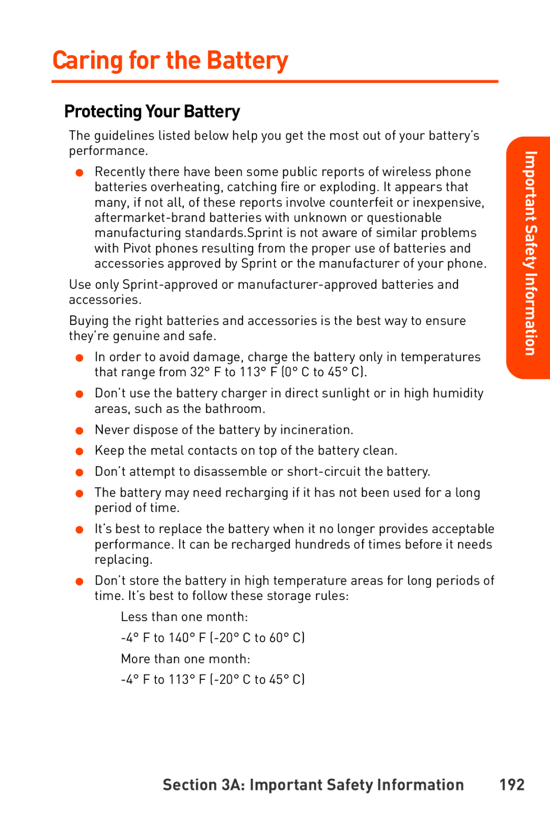 Sanyo Katana manual Caring for the Battery, Protecting Your Battery, Important Safety Information 192 