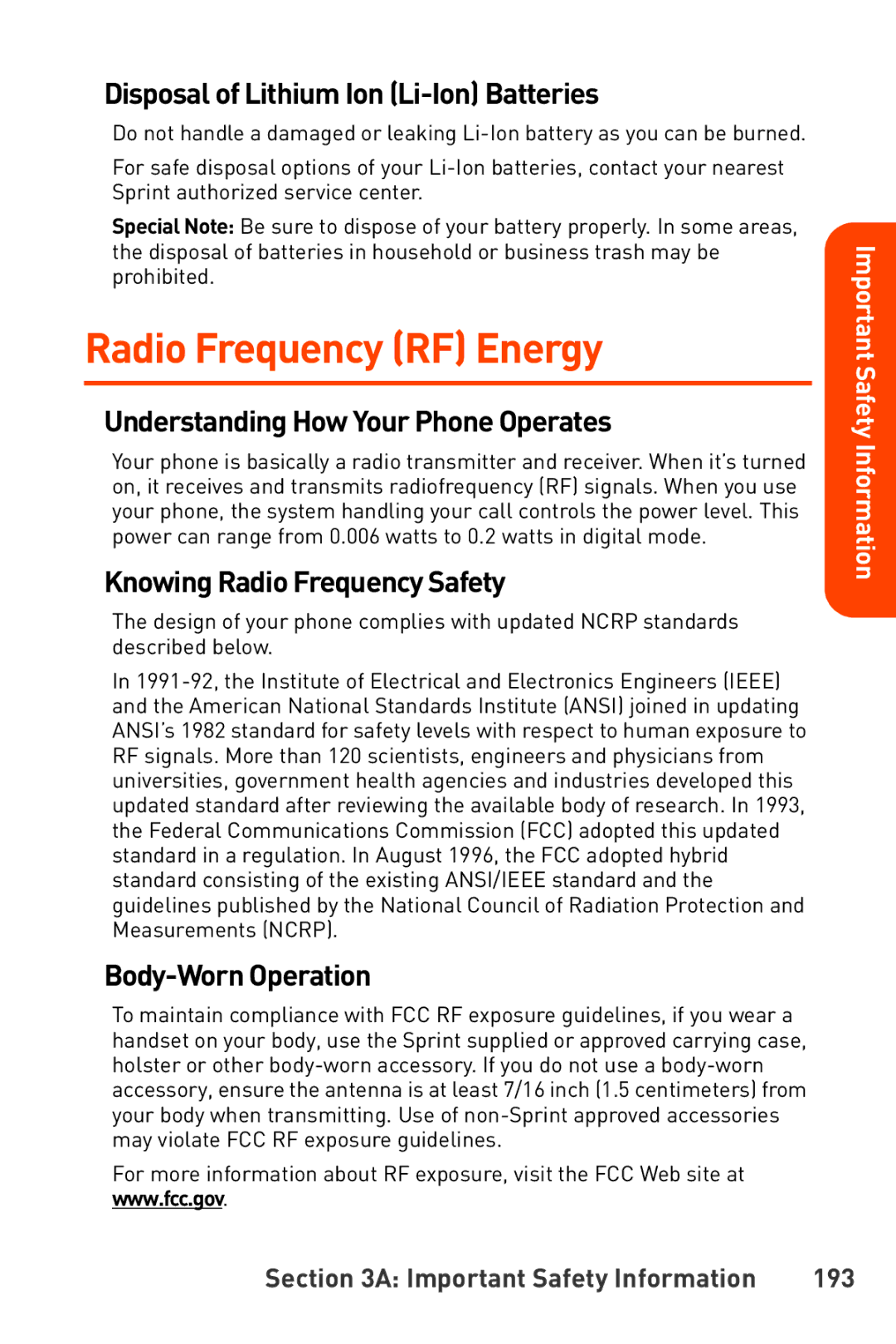 Sanyo Katana Radio Frequency RF Energy, Disposal of Lithium Ion Li-Ion Batteries, Understanding How Your Phone Operates 