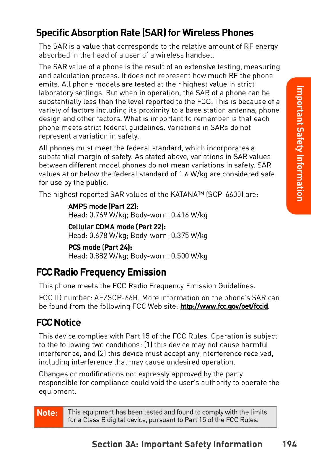 Sanyo Katana manual FCC Radio Frequency Emission, FCC Notice, Important Safety Information 194 