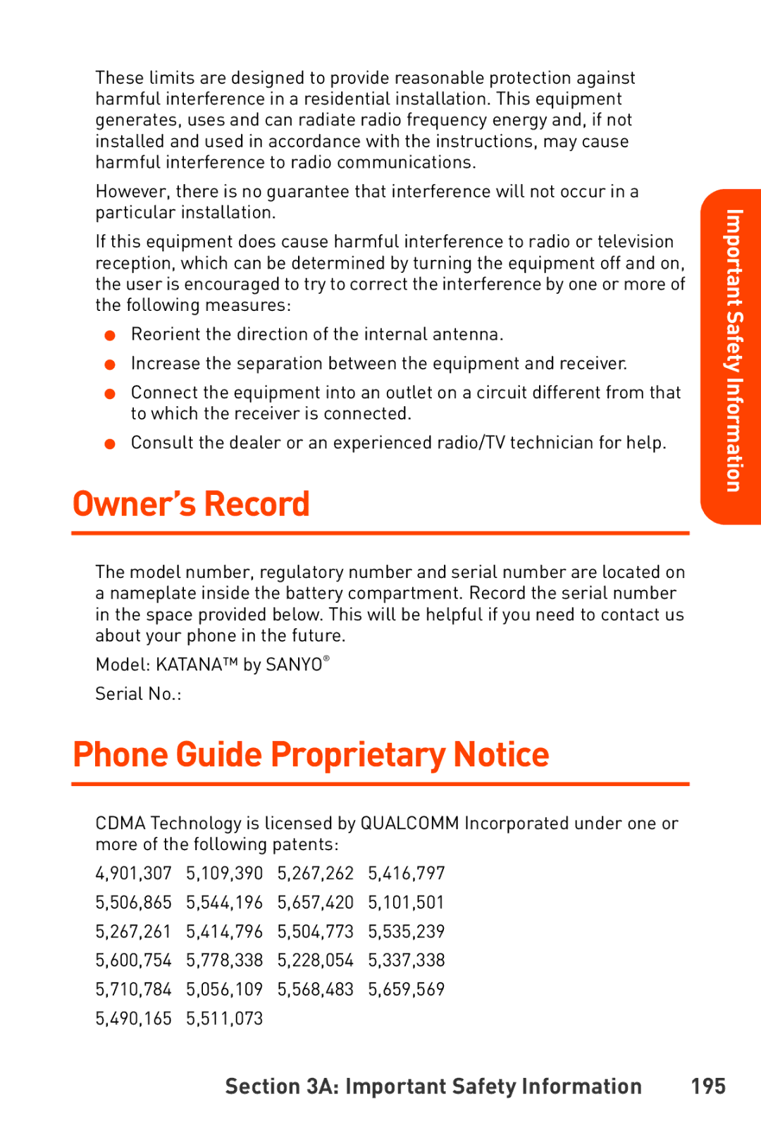 Sanyo Katana manual Owner’s Record, Phone Guide Proprietary Notice, Important Safety Information 195 