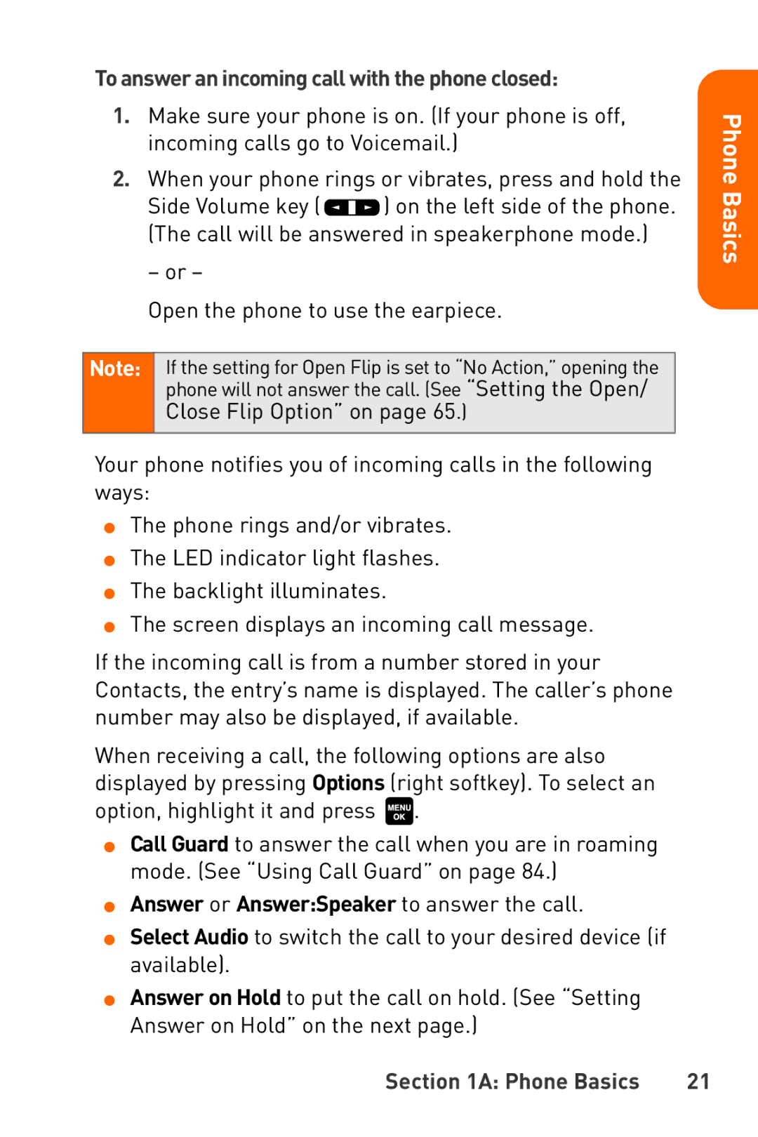 Sanyo Katana manual To answer an incoming call with the phone closed, Answer or AnswerSpeaker to answer the call 