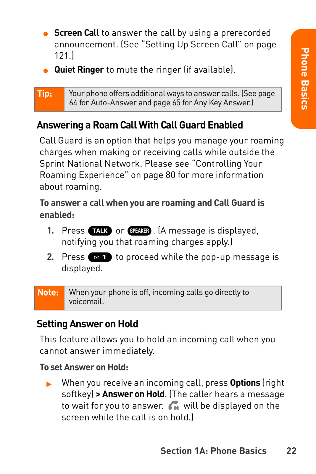 Sanyo Katana manual Answering a Roam Call With Call Guard Enabled, Setting Answer on Hold, To set Answer on Hold 