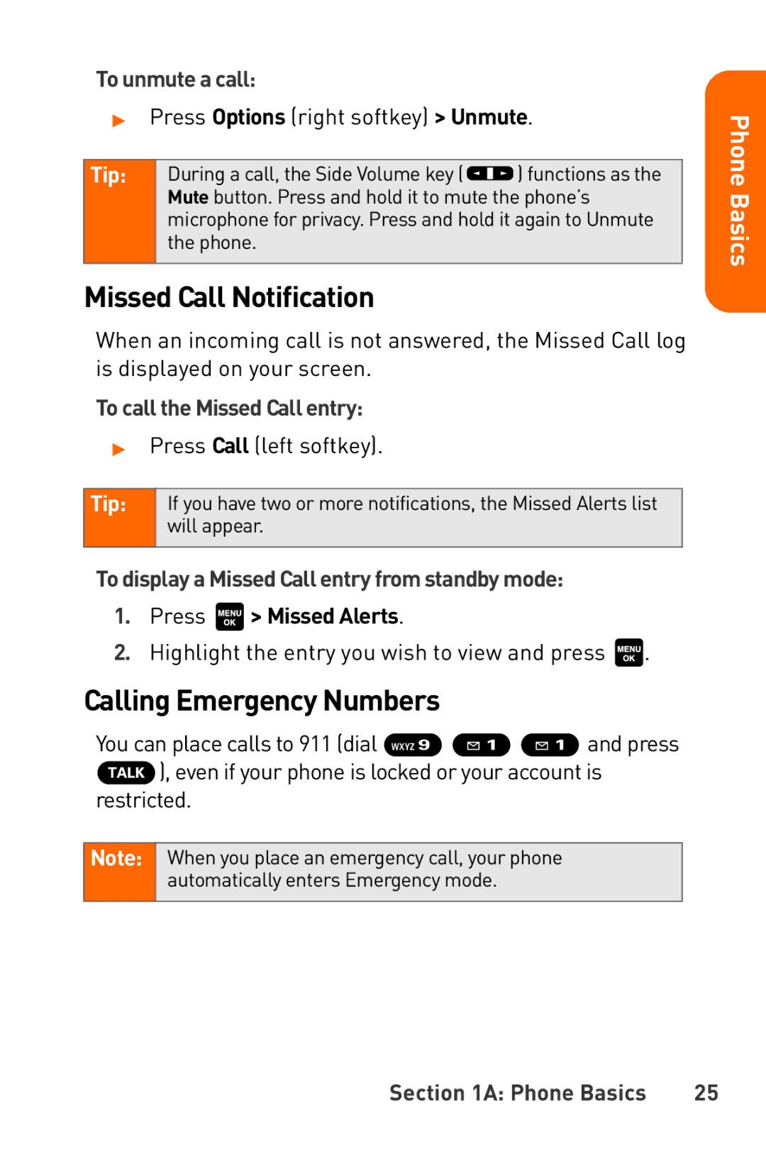 Sanyo Katana manual Missed Call Notification, Calling Emergency Numbers, To unmute a call, To call the Missed Call entry 