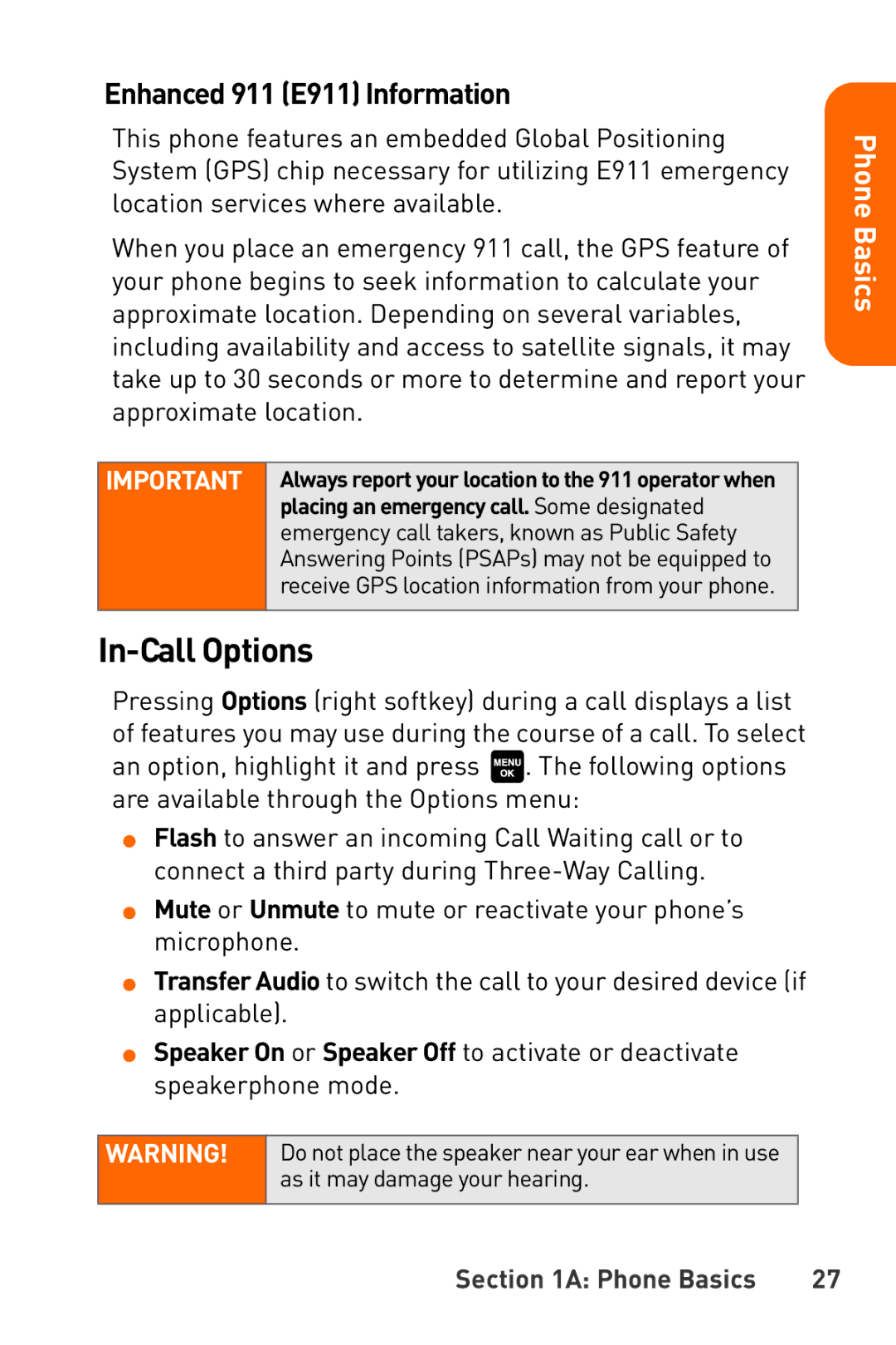 Sanyo Katana manual In-Call Options, Enhanced 911 E911 Information 