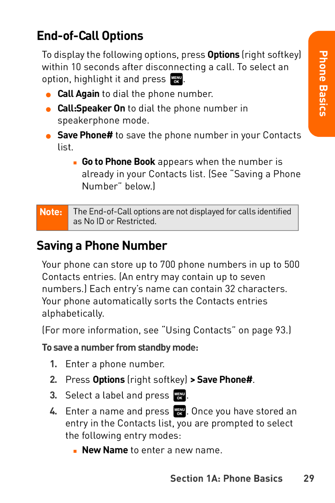 Sanyo Katana manual End-of-Call Options, Saving a Phone Number, To save a number from standby mode 