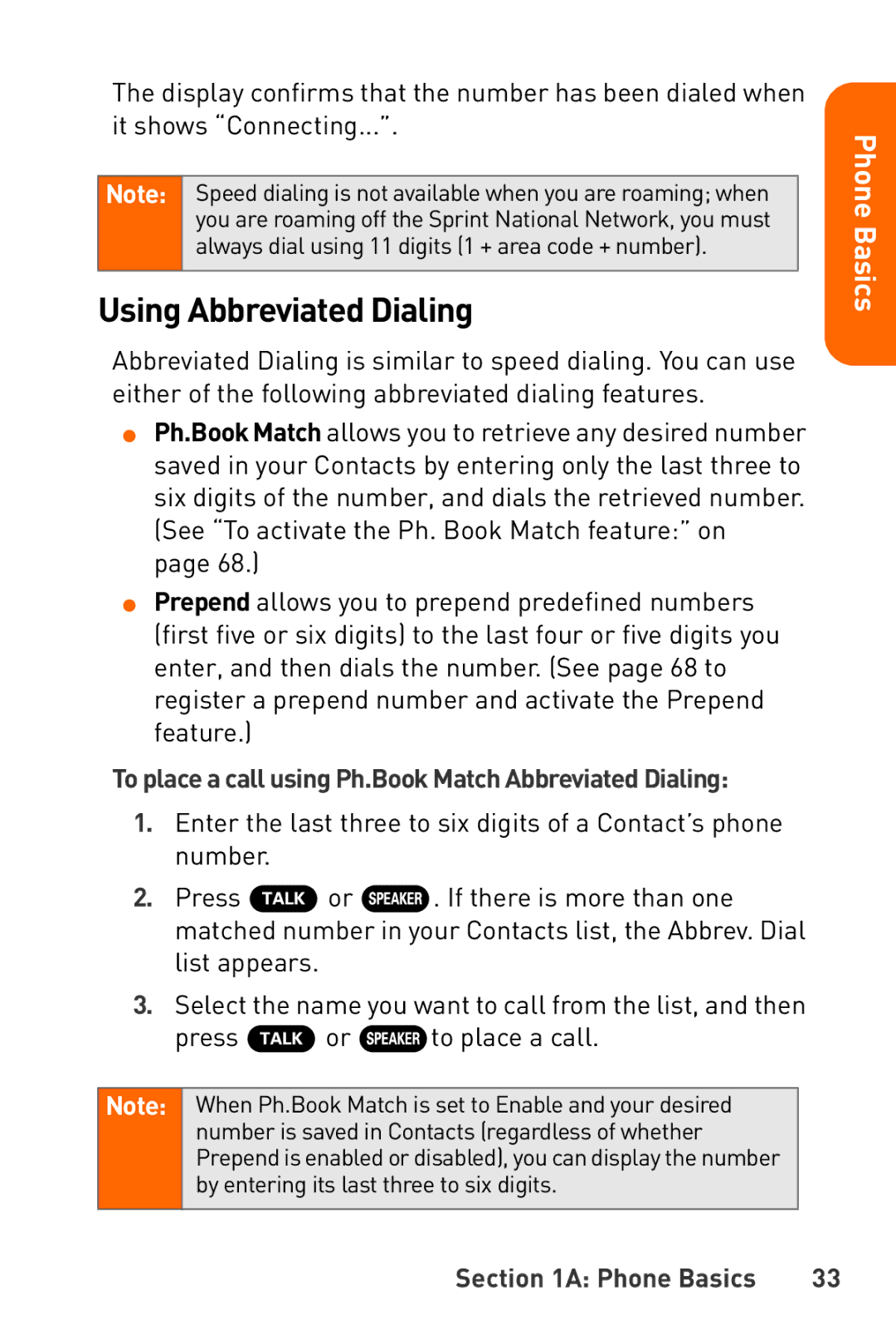 Sanyo Katana manual Using Abbreviated Dialing, To place a call using Ph.Book Match Abbreviated Dialing 