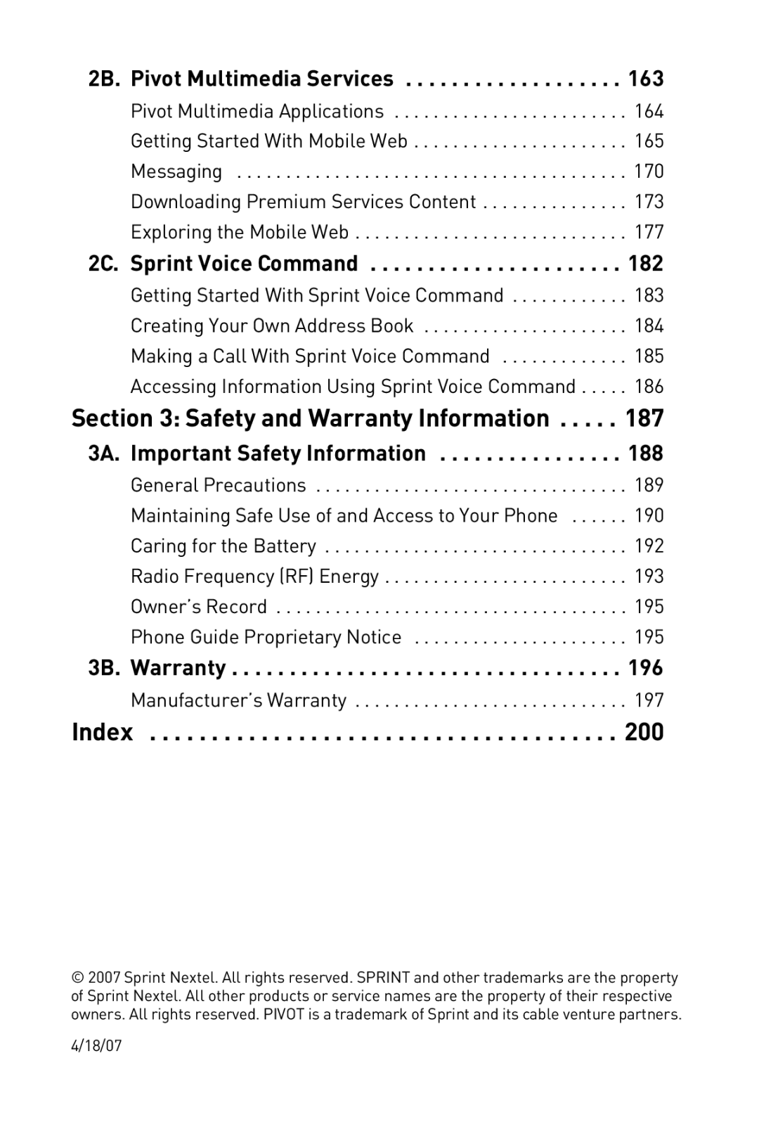 Sanyo Katana manual Safety and Warranty Information, 2B. Pivot Multimedia Services, 2C. Sprint Voice Command, 3B. Warranty 