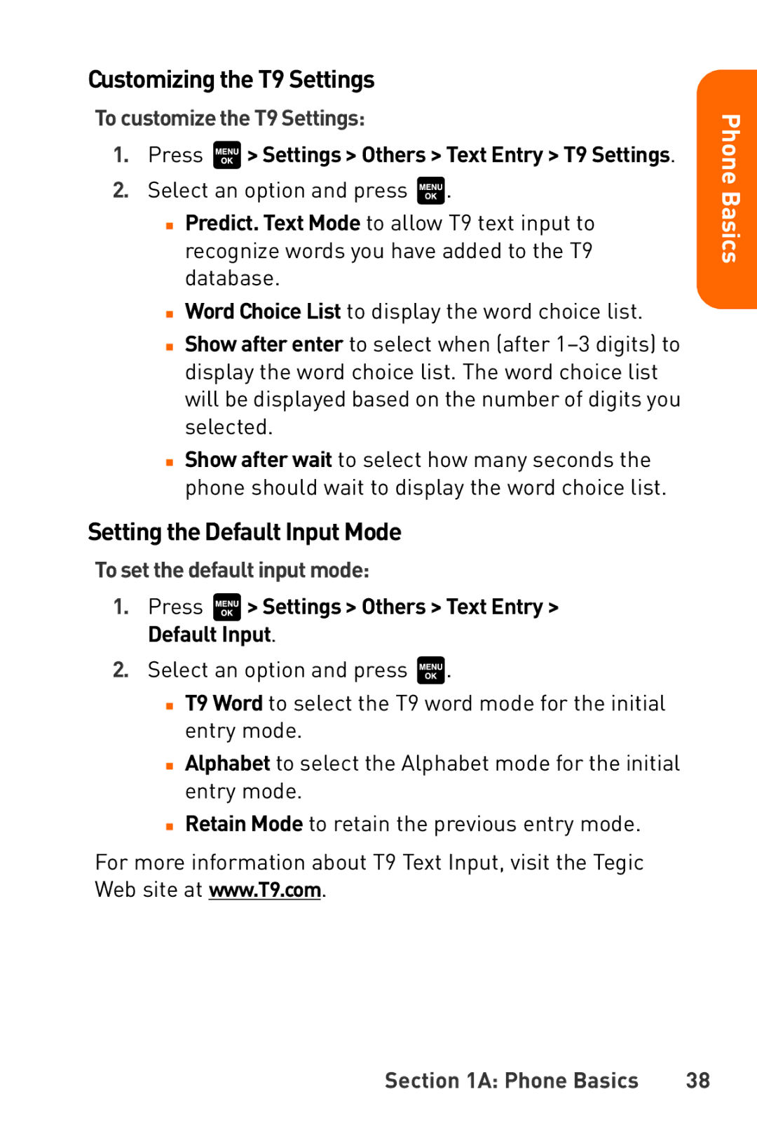 Sanyo Katana manual Customizing the T9 Settings, Setting the Default Input Mode, To customize the T9 Settings 