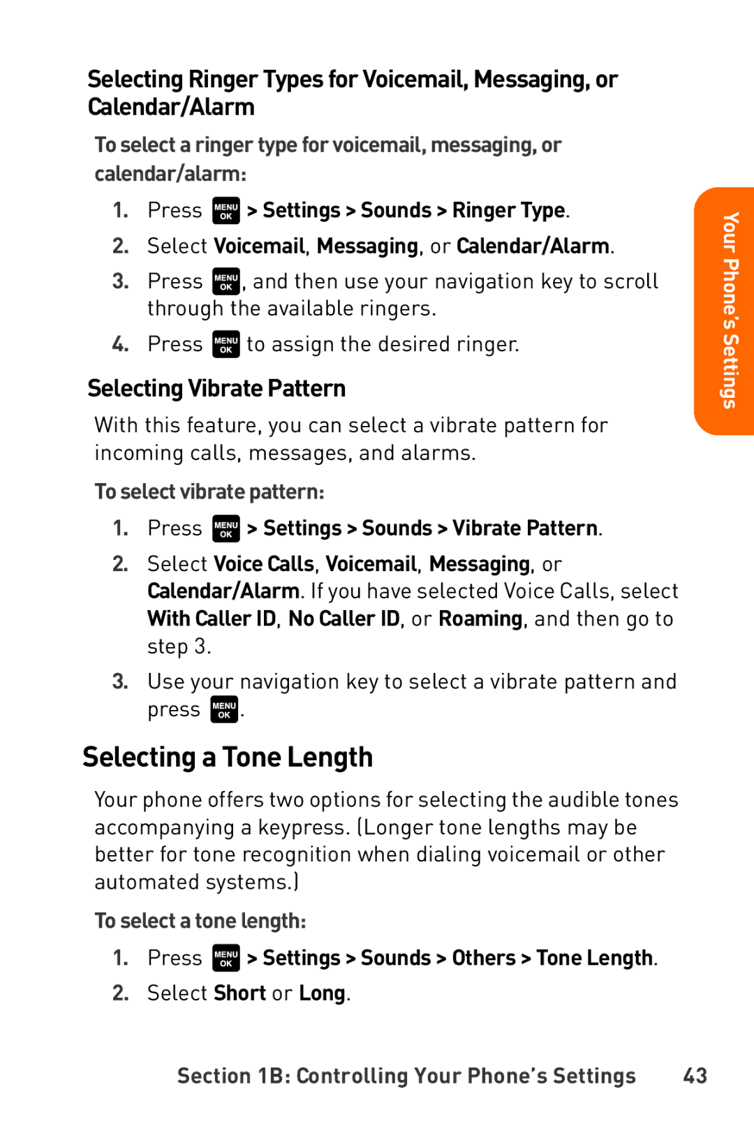 Sanyo Katana manual Selecting a Tone Length, Selecting Vibrate Pattern, To select vibrate pattern, To select a tone length 