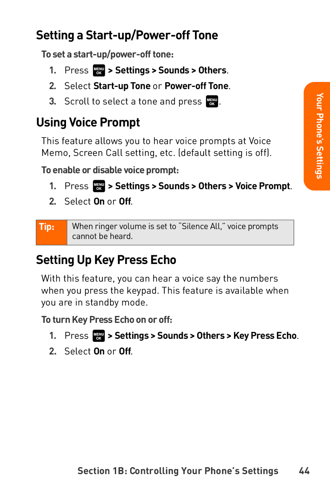 Sanyo Katana manual Setting a Start-up/Power-off Tone, Using Voice Prompt, Setting Up Key Press Echo 