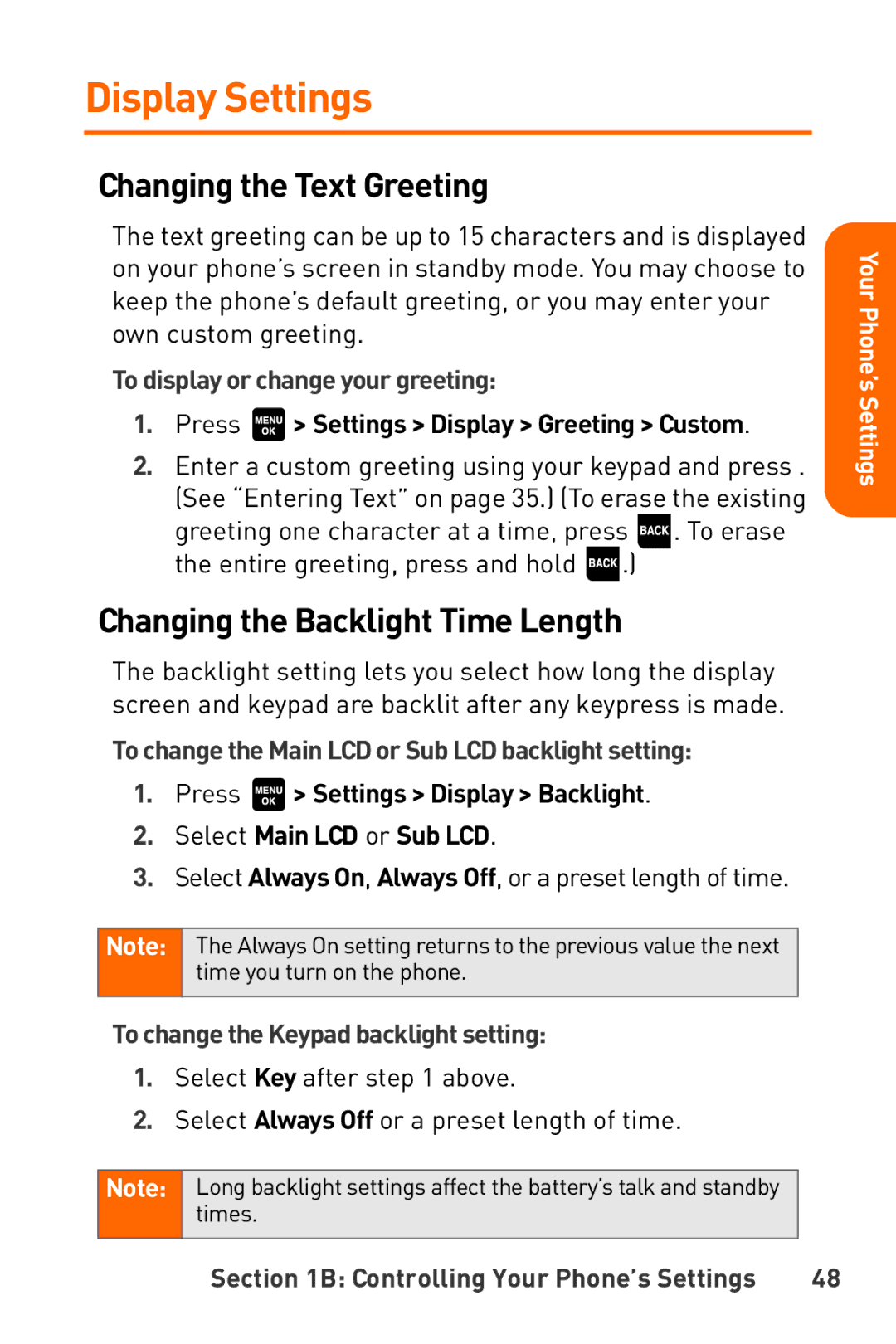 Sanyo Katana manual Display Settings, Changing the Text Greeting, Changing the Backlight Time Length 