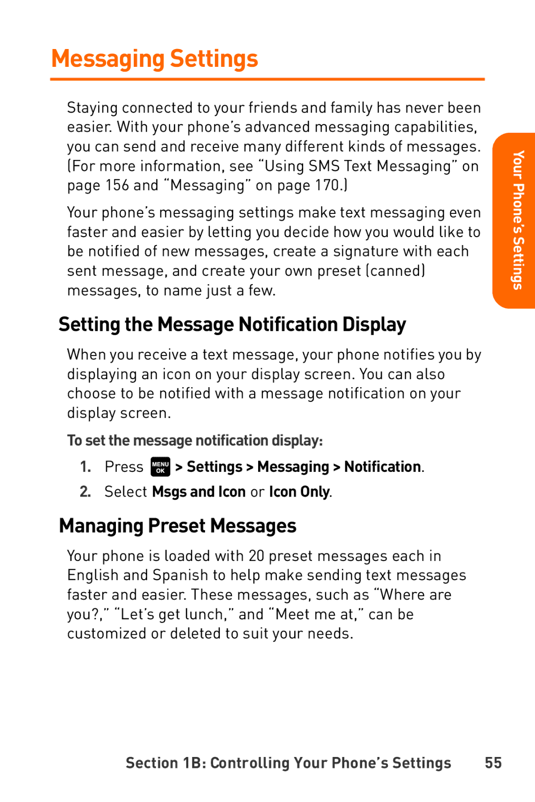 Sanyo Katana manual Messaging Settings, Setting the Message Notification Display, Managing Preset Messages 