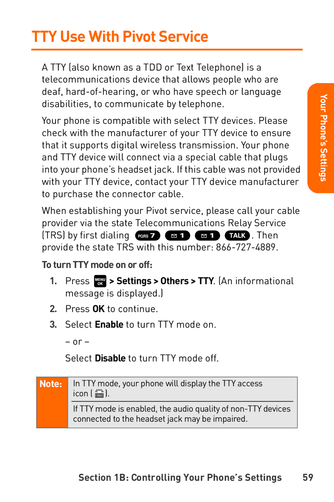 Sanyo Katana manual TTY Use With Pivot Service, To turn TTY mode on or off 