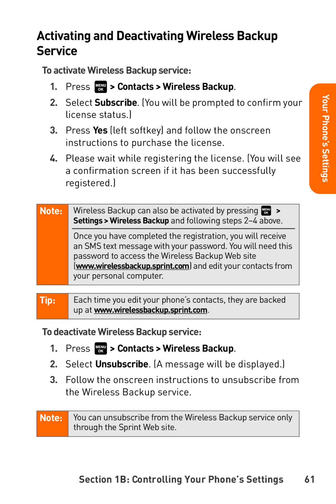 Sanyo Katana manual Activating and Deactivating Wireless Backup Service, To activate Wireless Backup service 