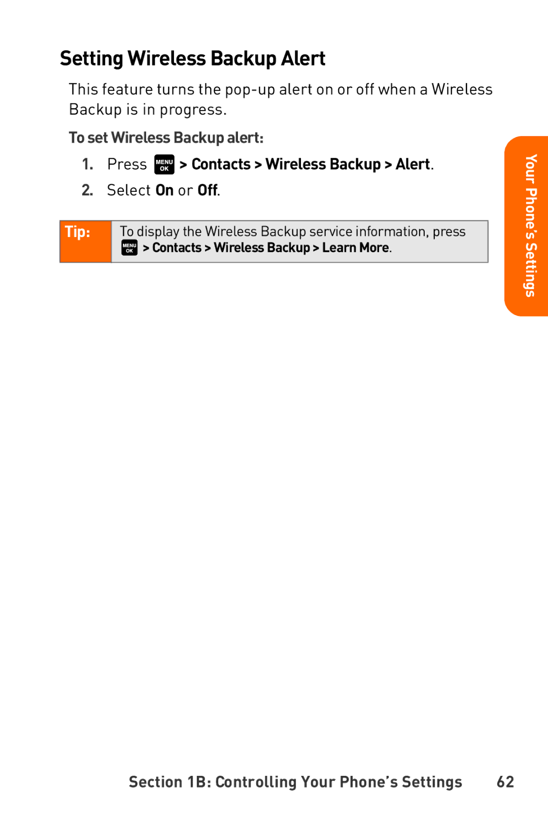 Sanyo Katana manual Setting Wireless Backup Alert, To set Wireless Backup alert, Press Contacts Wireless Backup Alert 