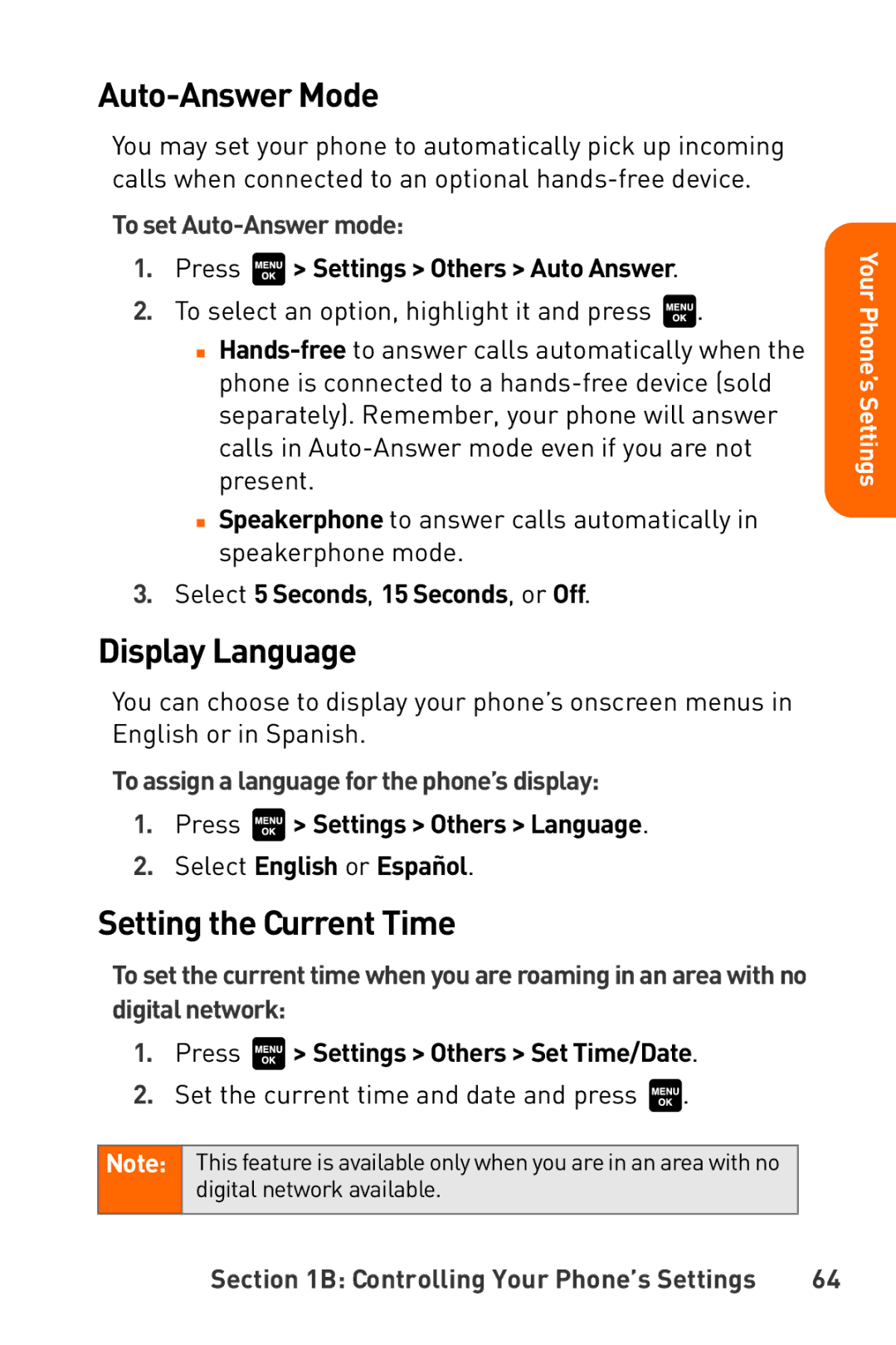 Sanyo Katana manual Auto-Answer Mode, Display Language, Setting the Current Time, To set Auto-Answer mode 