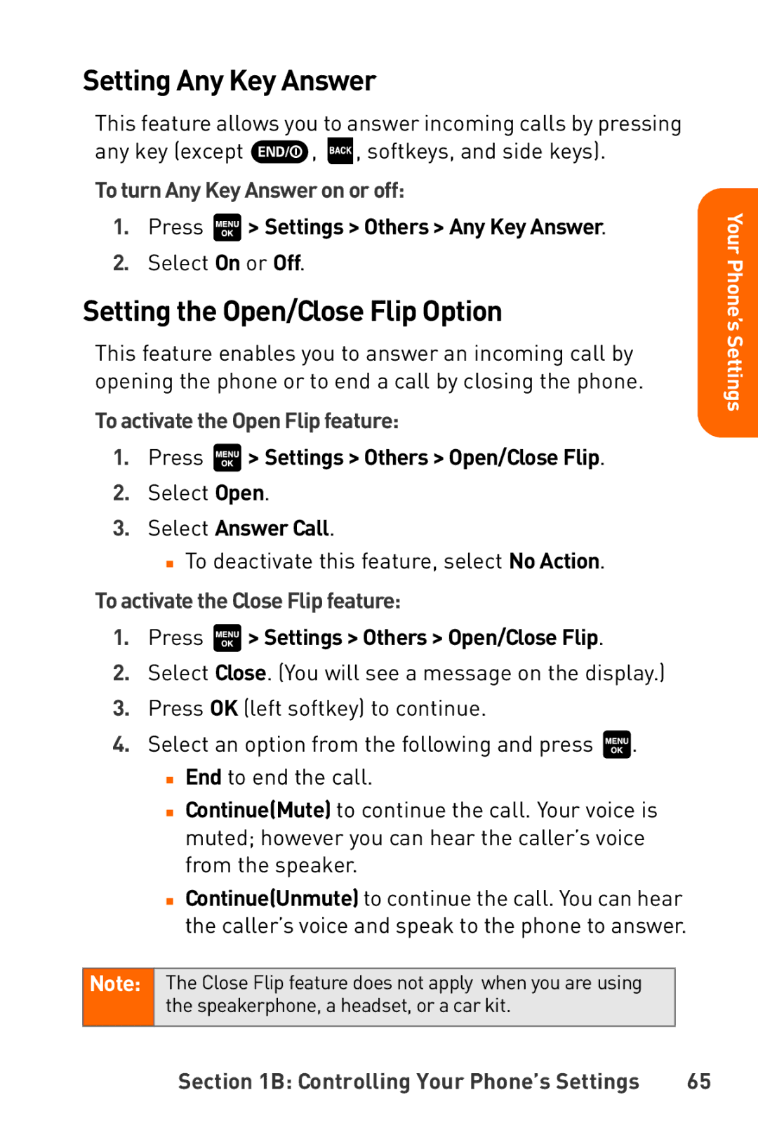 Sanyo Katana manual Setting Any Key Answer, Setting the Open/Close Flip Option, To turn Any Key Answer on or off 