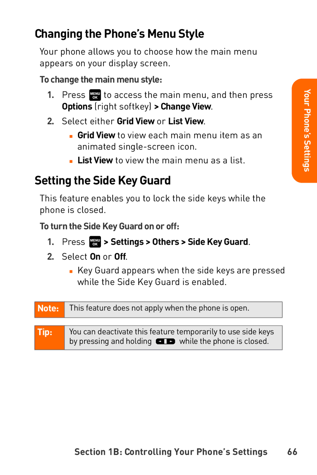 Sanyo Katana manual Changing the Phone’s Menu Style, Setting the Side Key Guard, To change the main menu style 