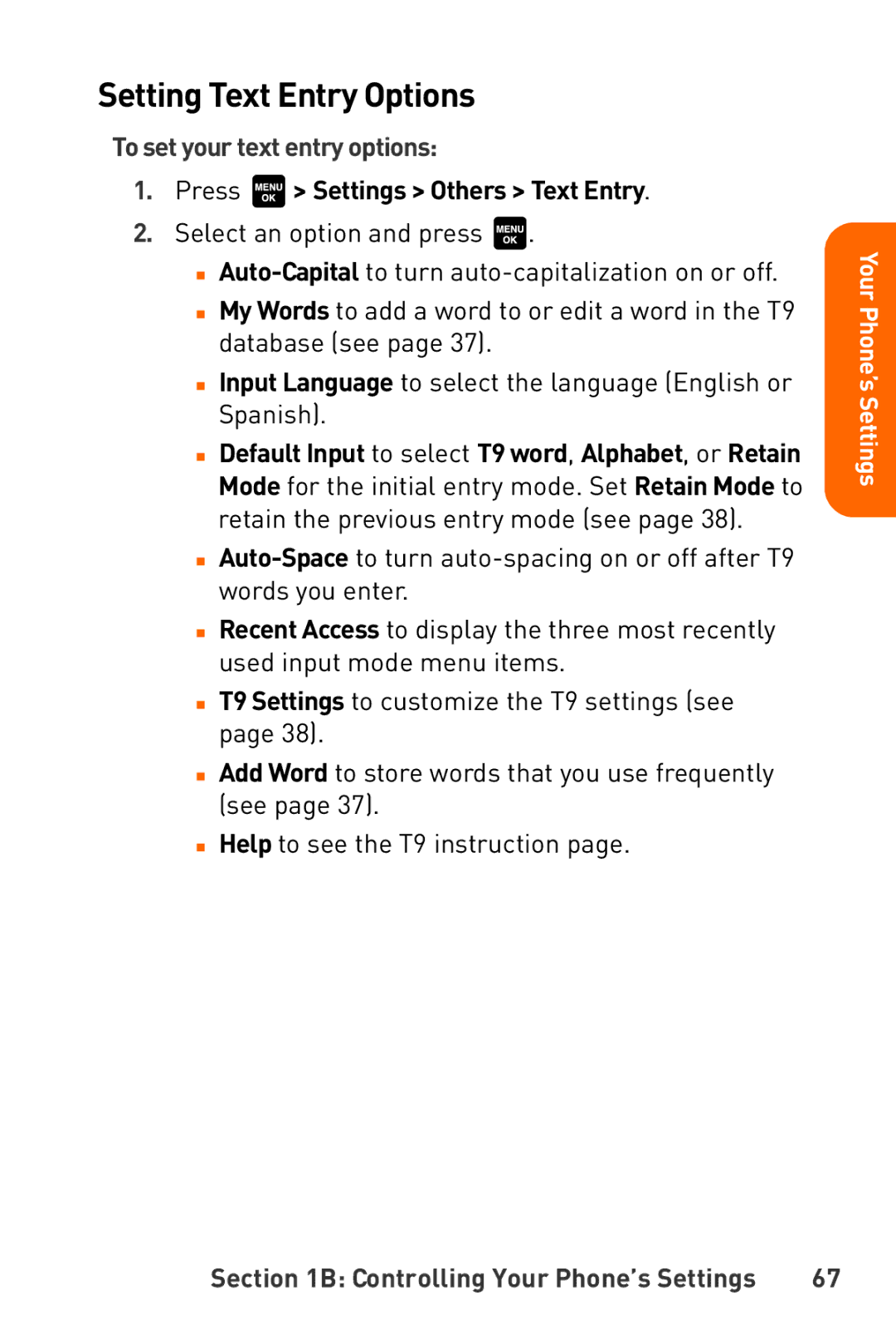 Sanyo Katana manual Setting Text Entry Options, To set your text entry options, Press Settings Others Text Entry 