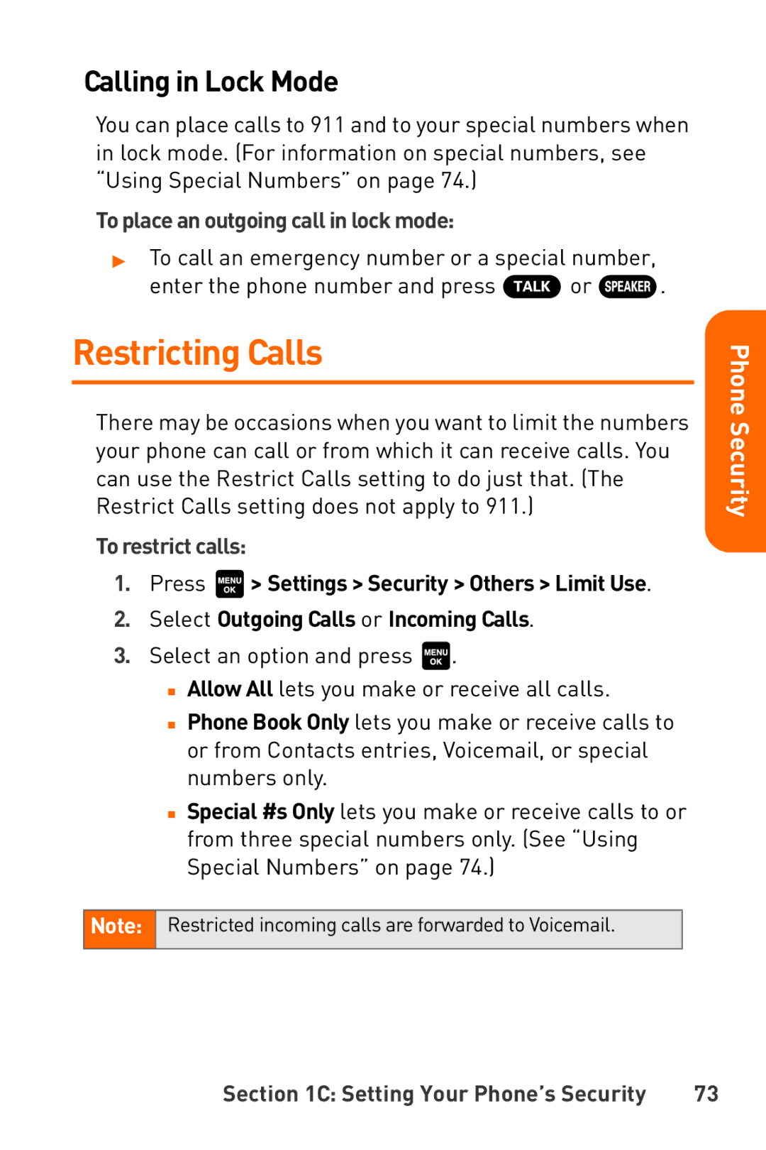 Sanyo Katana manual Restricting Calls, Calling in Lock Mode, To place an outgoing call in lock mode, To restrict calls 