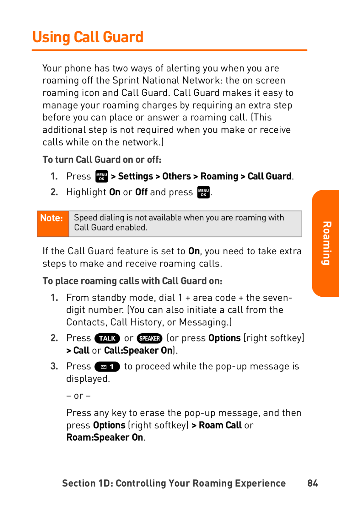 Sanyo Katana manual Using Call Guard, To turn Call Guard on or off, Press Settings Others Roaming Call Guard 