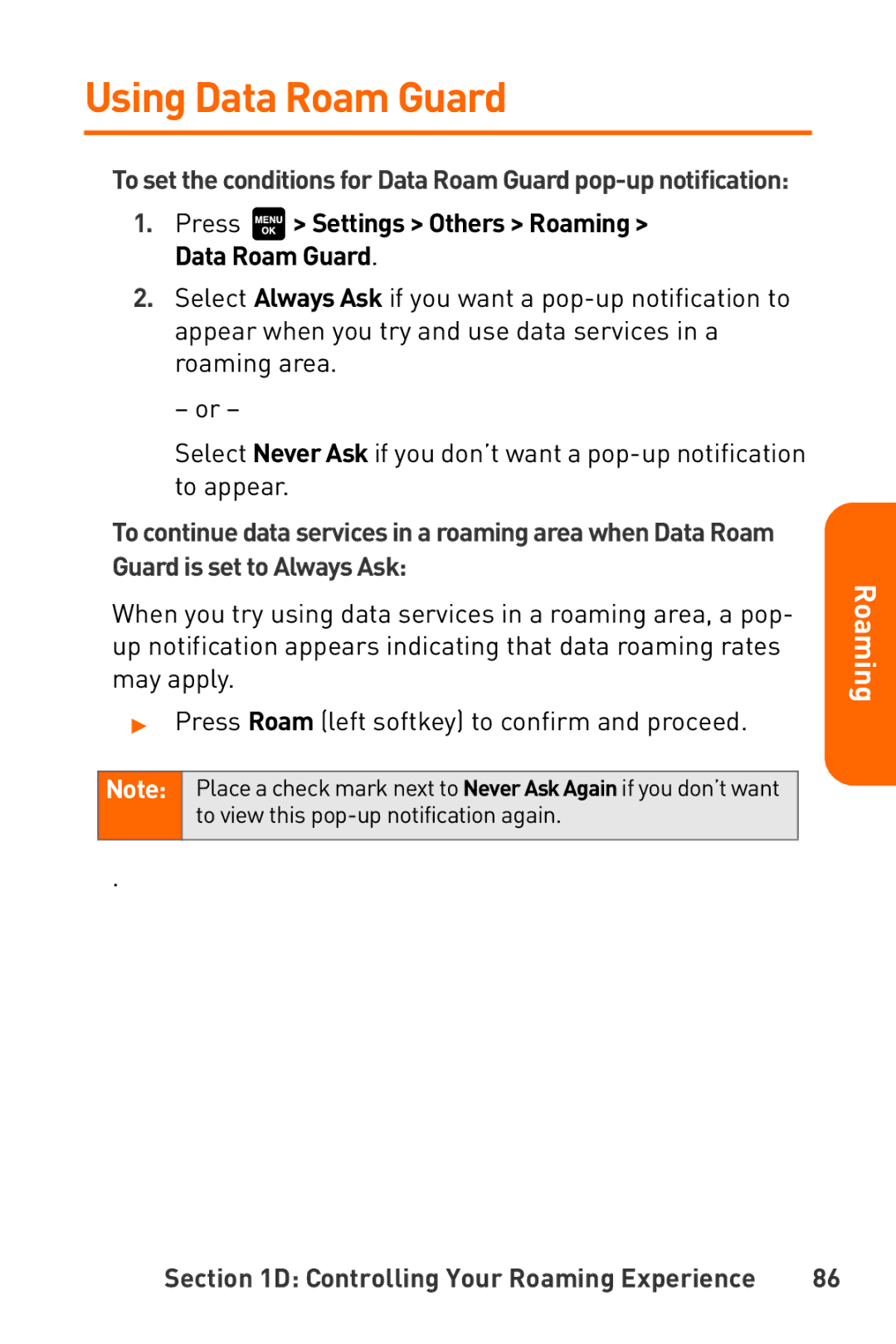 Sanyo Katana manual Using Data Roam Guard, Press Settings Others Roaming Data Roam Guard 