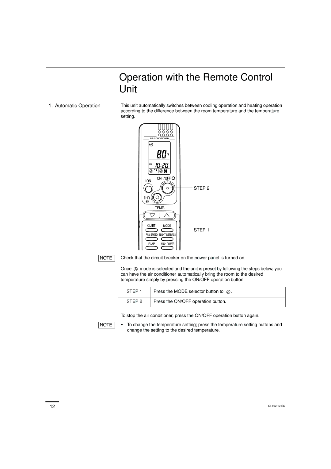 Sanyo KHS1271 Operation with the Remote Control Unit, Automatic Operation, Step, Press the ON/OFF operation button 