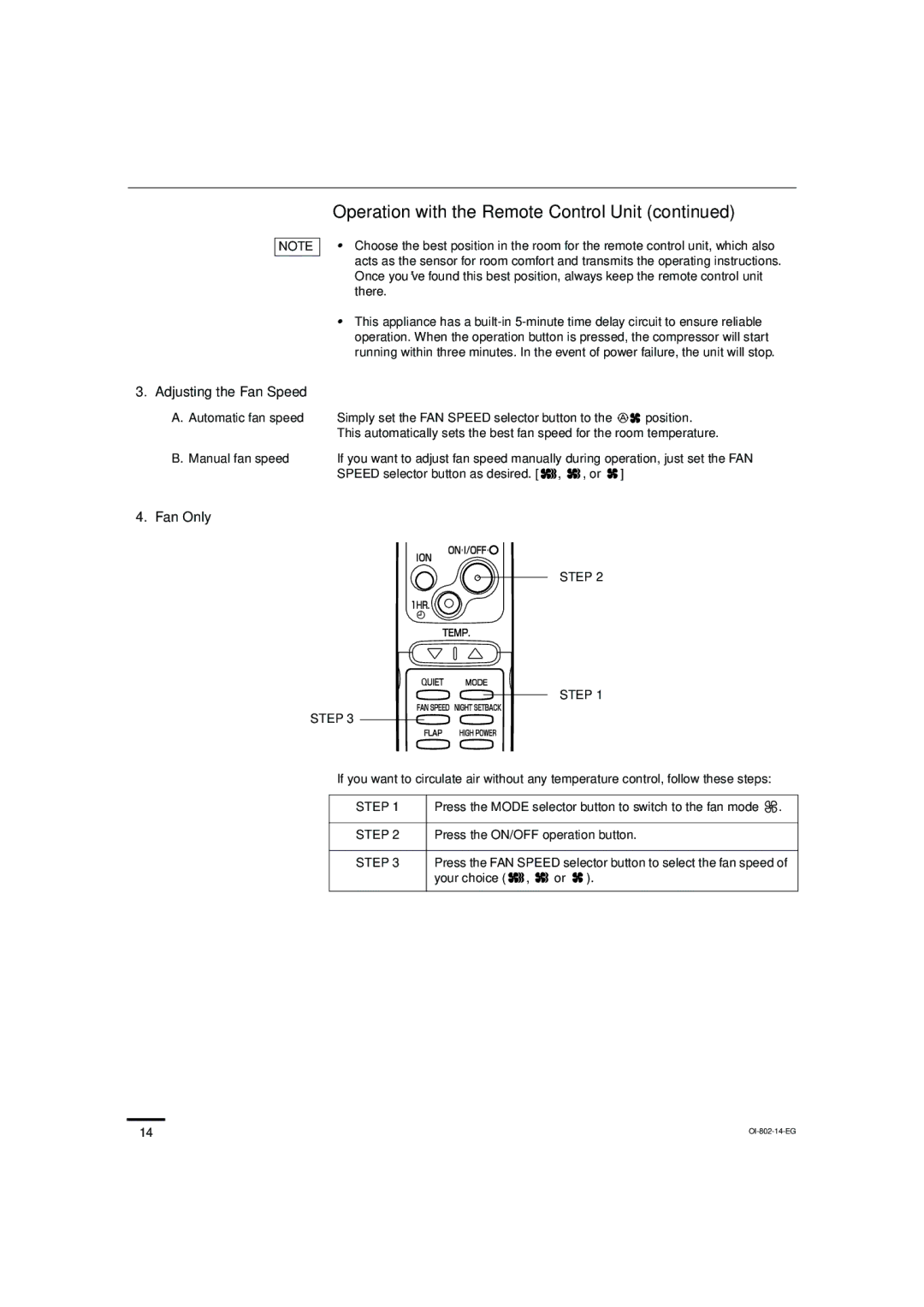 Sanyo KHS1271, KHS0971 instruction manual Adjusting the Fan Speed, Fan Only 