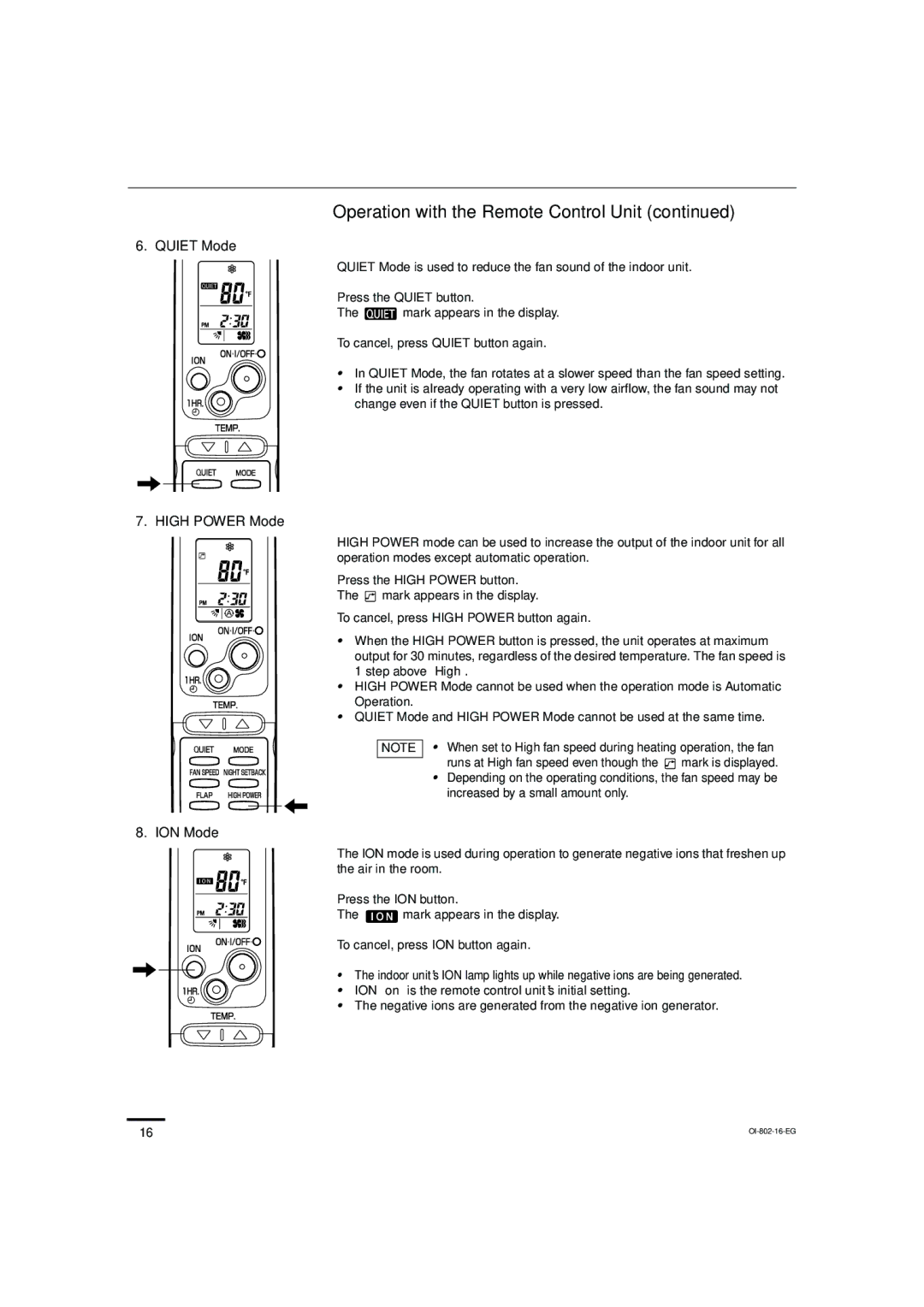 Sanyo KHS1271, KHS0971 instruction manual Quiet Mode, High Power Mode, ION Mode 