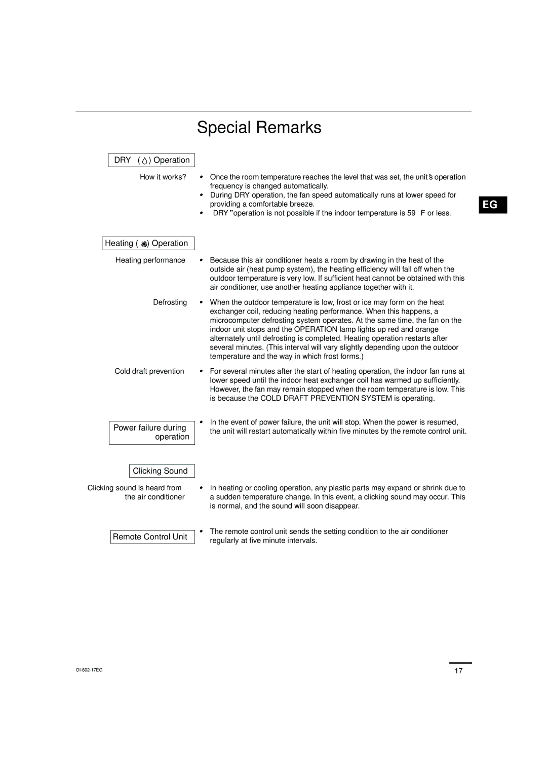 Sanyo KHS0971, KHS1271 Special Remarks, ‘‘DRY’’ Operation, Heating Operation, Clicking Sound, Remote Control Unit 