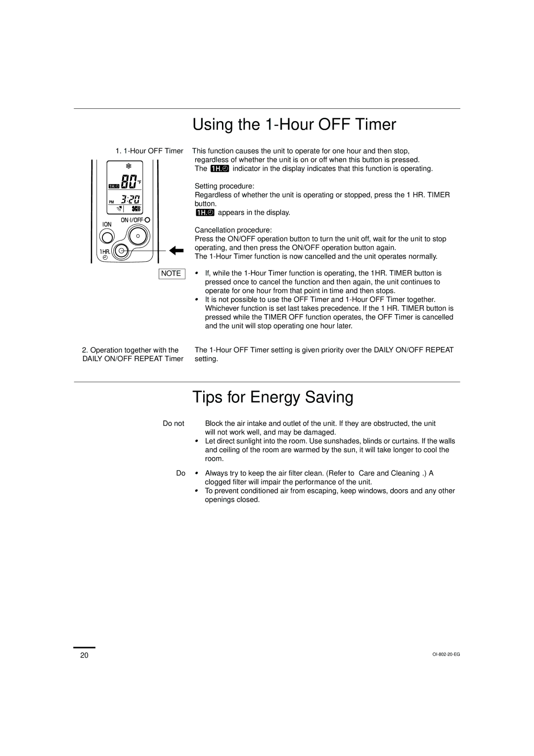 Sanyo KHS1271, KHS0971 Using the 1-Hour OFF Timer, Tips for Energy Saving, Setting procedure, Cancellation procedure 