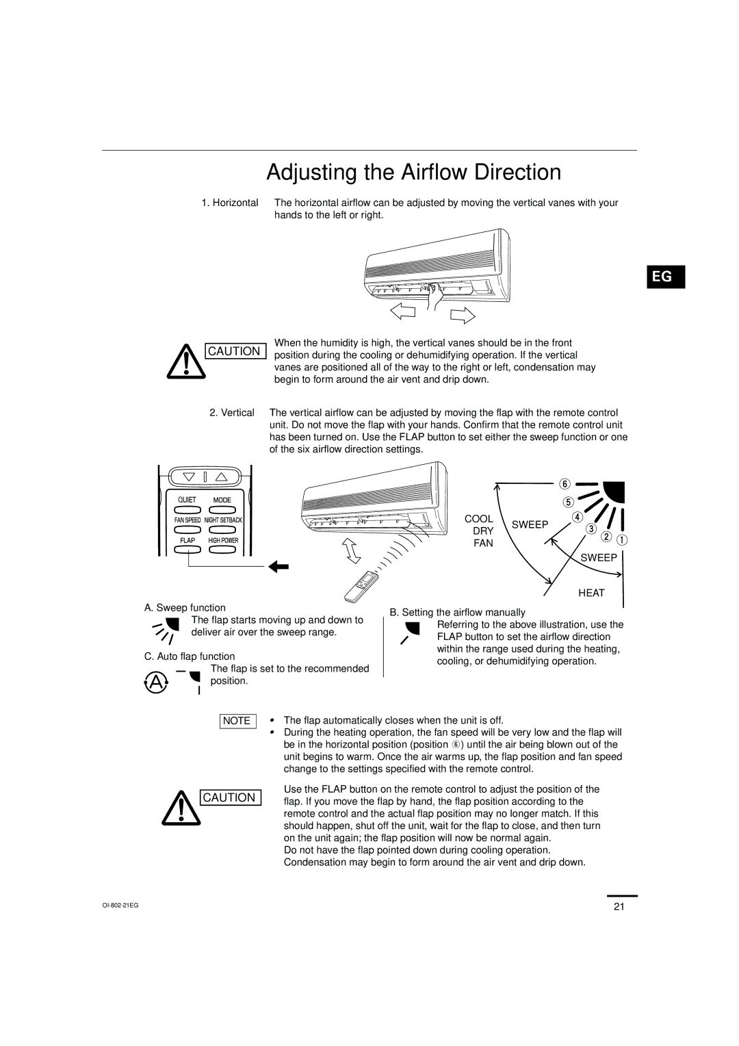 Sanyo KHS0971, KHS1271 instruction manual Adjusting the Airflow Direction, Cool DRY Sweep, FAN Sweep Heat 