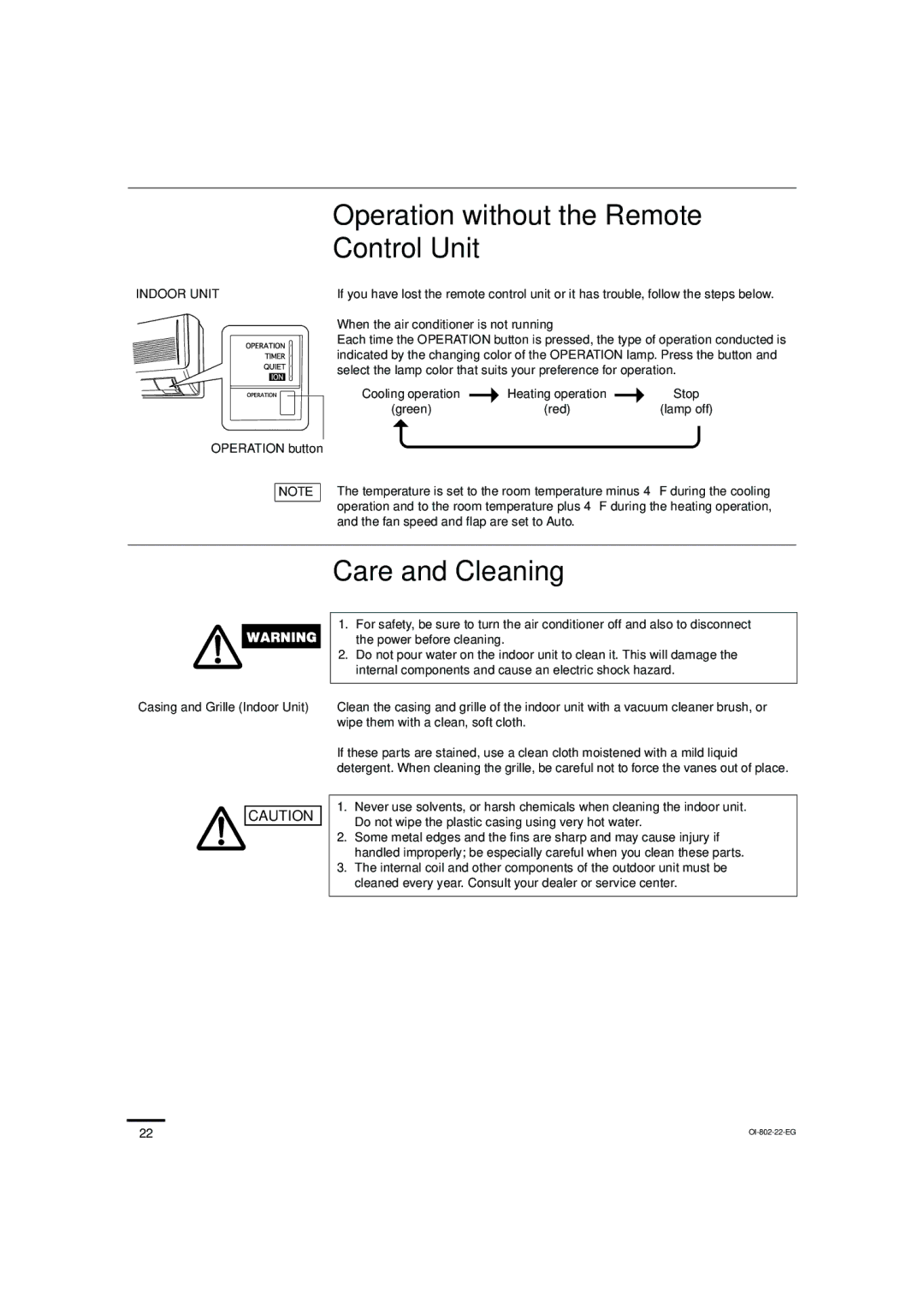 Sanyo KHS1271 Operation without the Remote Control Unit, Care and Cleaning, When the air conditioner is not running 