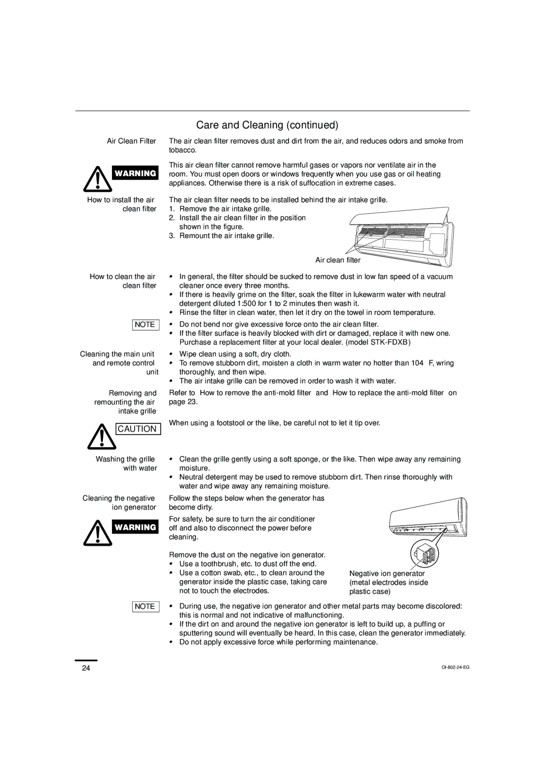 Sanyo KHS1271, KHS0971 instruction manual Air clean filter, Negative ion generator metal electrodes inside plastic case 