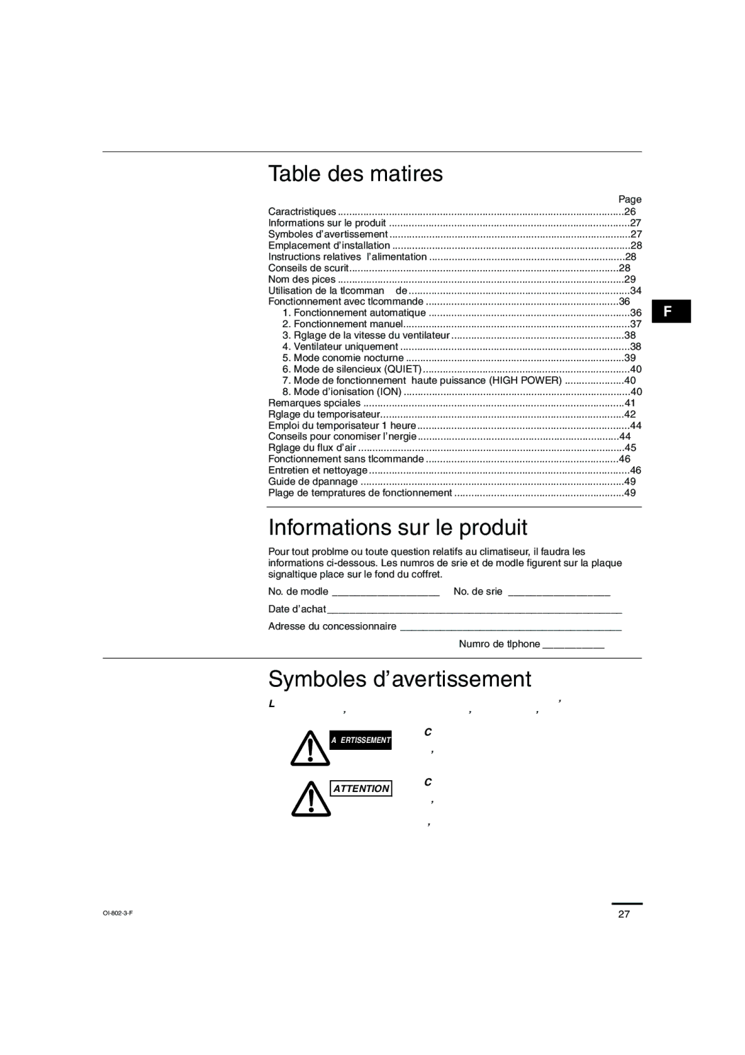 Sanyo KHS0971, KHS1271 instruction manual Table des matières, Informations sur le produit, Symboles d’avertissement 