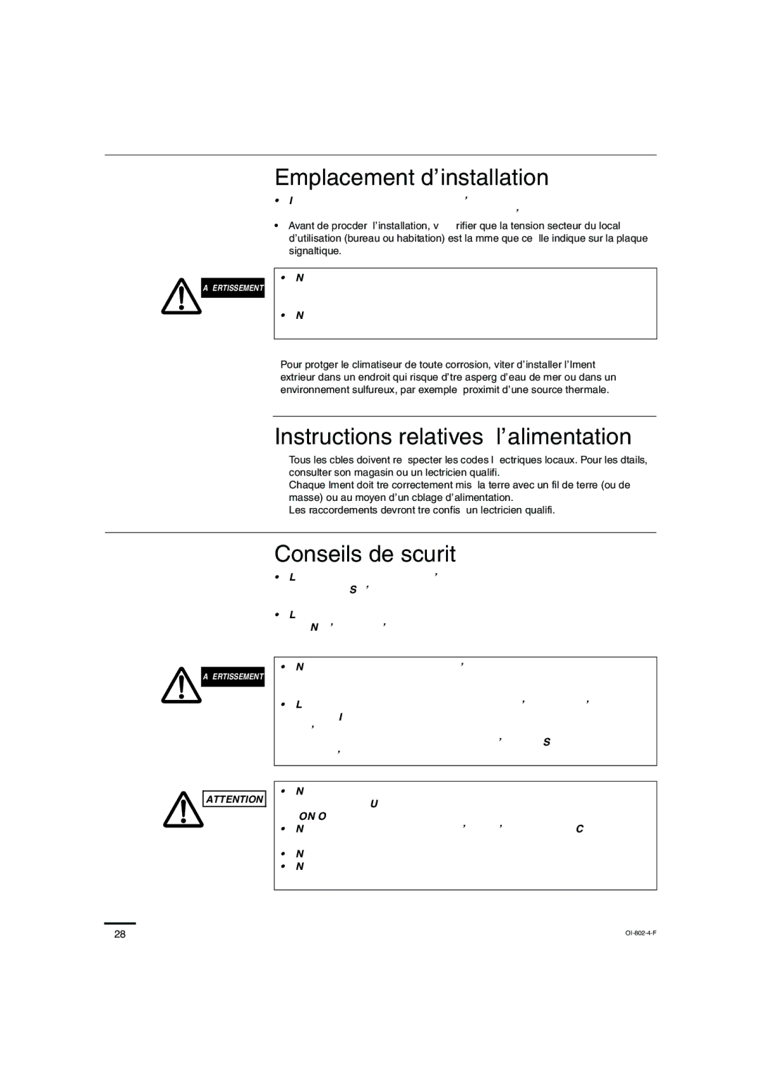 Sanyo KHS1271, KHS0971 Emplacement d’installation, Instructions relatives à l’alimentation, Conseils de sécurité 